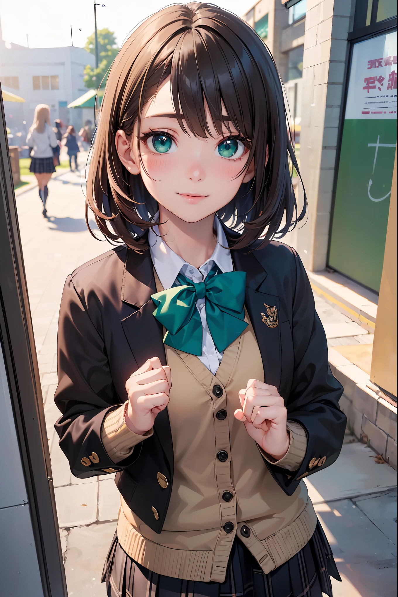 ((masterpiece, best quality, highres, UHD, perfect pixel, depth of field, 4k, RTX, HDR))), 1girl, single, solo, beautiful anime girl, beautiful artstyle, anime character, ((long hair, bangs, brown hair, curly hair:0.5)), ((green eyes:1.4, rounded eyes, beautiful eyelashes, realistic eyes)), ((detailed face, blushing:1.2)), ((smooth texture:0.75, realistic texture:0.65, photorealistic:1.1, anime CG style)), medium breasts, dynamic angle, perfect body, ((portrait, pov)), ((red bowtie, school uniform, black jacket, open jacket, brown cardigan, white shirt, black skirt, plaid skirt)), smile, hands up, amusement park
