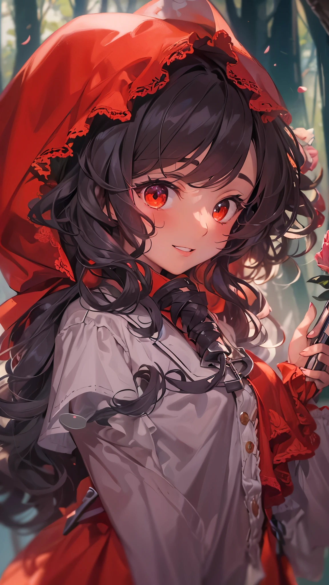 (hand holding knife gripping knife in hands), profile close-up face (solo curly hair black long hair cute girl, , cute red eyes, cute smile, (head is red hood, body is  robe with ruffles, long skate), in the deep forest, break, masterpiece:1.2, best quarity, 8k, beautiful detailed grow.