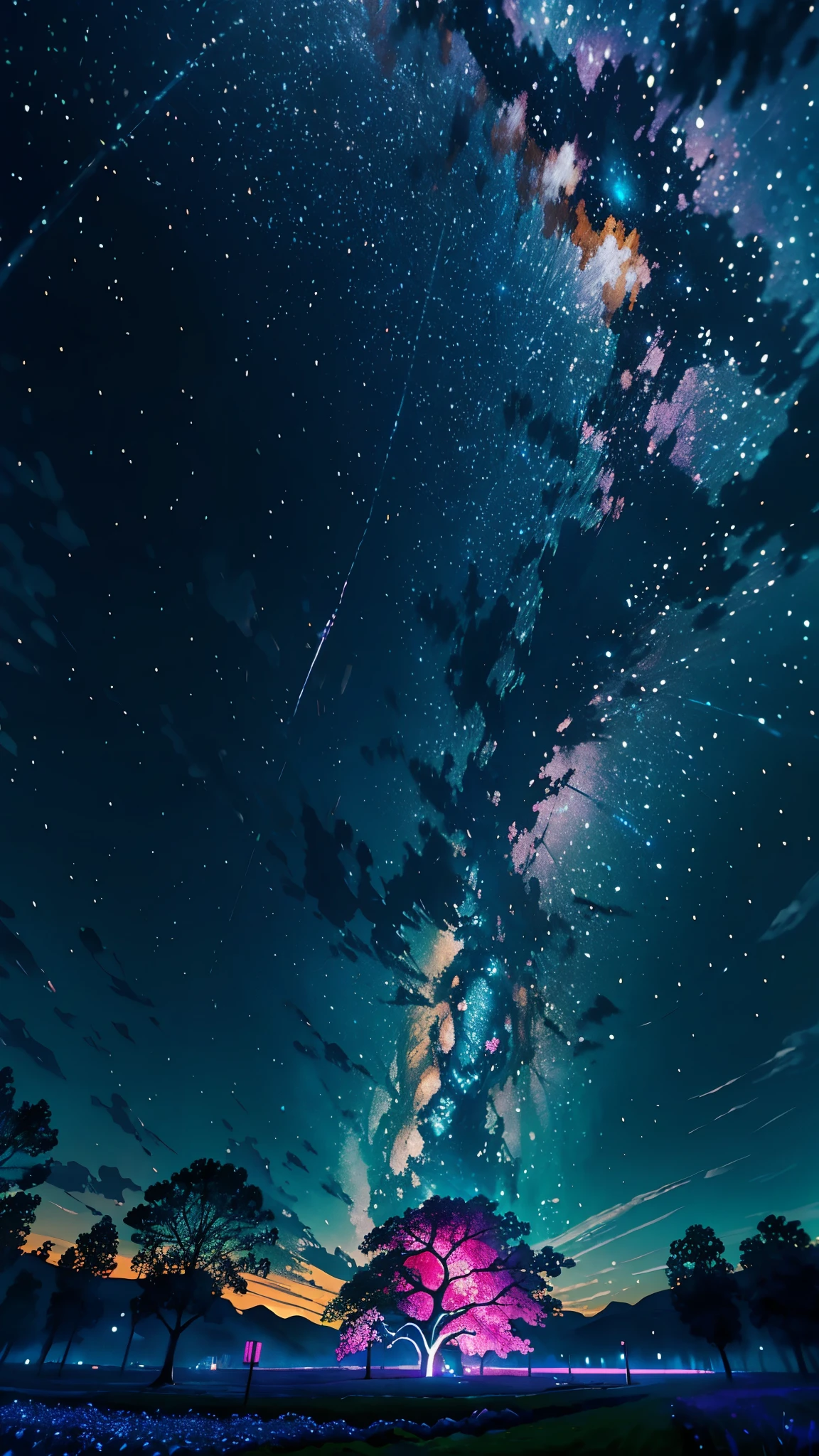 fotografia de paisagem expansiva , (a view from below that shows sky above and open field below), one standing in flower field looking up, (Lua cheia:1.2), ( estrelas cadentes:0.9), (nebulosa:1.3), montanha distante, tree BREAK
production art, (Fonte de luz quente:1.2), (Vaga-lume:1.2), light bulb, muito roxo e laranja, detalhes intrincados, volumetric lighting BREAK
(obra de arte:1.2), (melhor qualidade), 4k, ultra-detalhado, (dynamic composition:1.4), altamente detalhado, detalhes coloridos,( cores iridescentes:1.2), (Bright lighting, atmospheric lighting), sonhadores, magical, (Sozinho:1.2)