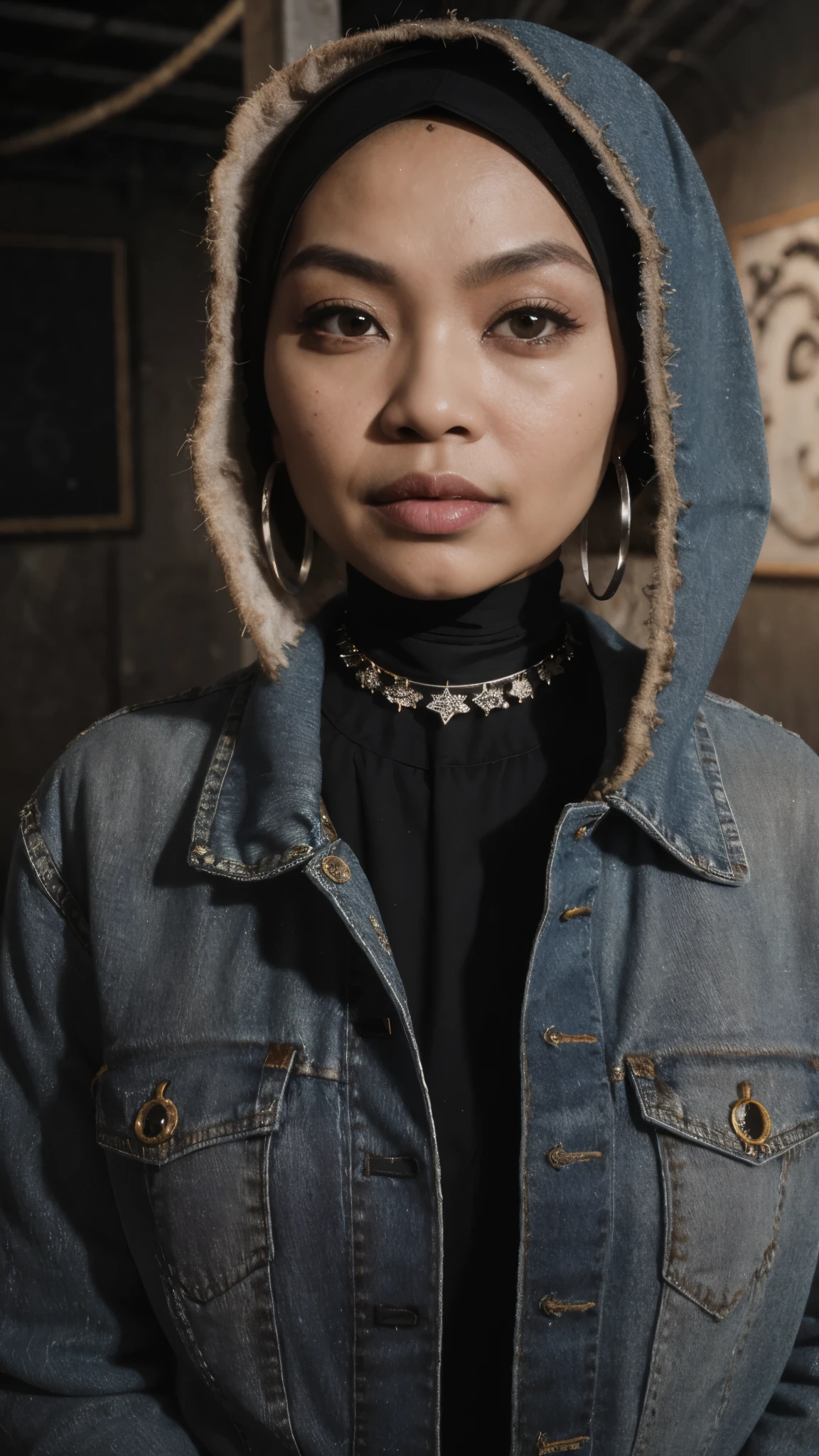 (masterpiece:1.2, best quality), (1 malay lady in hijab, solo, upper body:1.2), hijab, Clothing: oversized, distressed denim jacket with patches and pins, paired with black skinny jeans and combat boots, Accessories: silver hoop earrings and a black choker necklace, Hanging out in an underground music venue or street art exhibit, bokeh,Super 8mm lense, Extreme close-up, High Contrast cinematography effect, Natural Lighting, natural color grading, high quality, ultra detail, 8k resolution