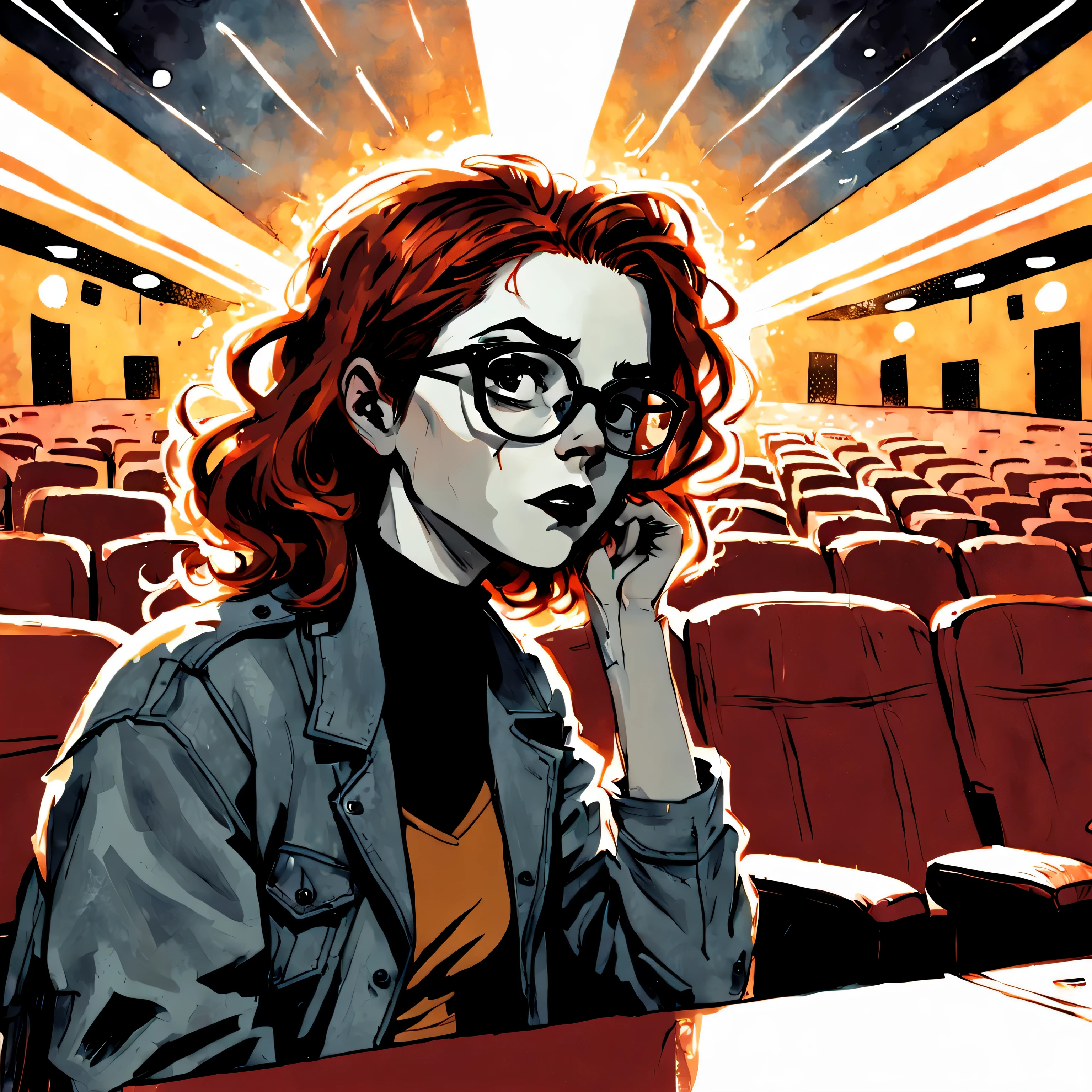 candid illustration of a splash panel comic in art style of Sean Gordon Murphy, splash panel comic. Utilize harsh ink lines, and ink blot art style, watercolor. Depict a detailed background of the cinema movie theater, with aged and decayed elements, including empty seating. Niamh Algar's face is softly illuminated by the glow of the movie screen in front of her. Niamh's glasses reflect the glow of the light of the film.Emulate Murphy's expressive ink techniques, distinctive line work, and bold compositions. Niamh is seated in a weathered and haunting movie theater, embodying Murphy's gritty aesthetic. Emulate Murphy's expert use of lines, from precise and harsh strokes to dynamic and expressive linework. Explore his penchant for bold compositions and exaggerated perspectives that convey a sense of movement and energy.