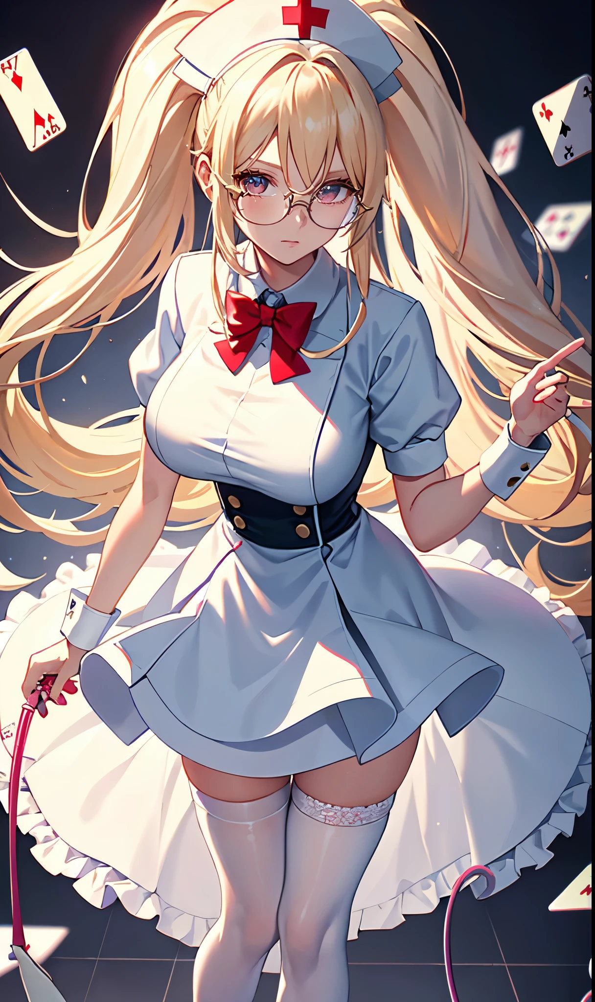 hospital background,Playing card decoration,Long light blonde hair,Standing close-up,dream world,Sister nurse,(glasses),High ponytail,Messy hair,Elongated danphoenix eyes,(white nurse,Handheld dolls,Bunny doll:2.0),(big breast)Background of poker decoration,(A ward filled with poker:1.9),Gentle and sickly nurse sister,white stockings,High heel,Detailedly drawn backgrounds