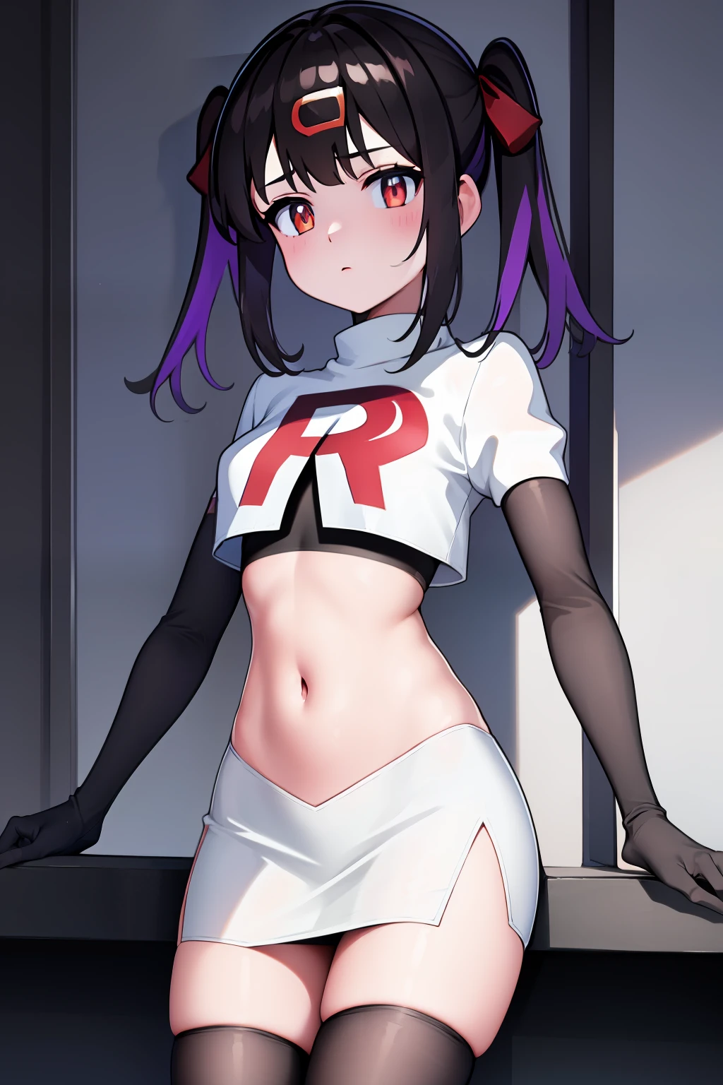 mihari_olis, 1girl, solo, red shirt, team rocket,team rocket uniform,white skirt,crop top,black thigh-highs,black elbow gloves