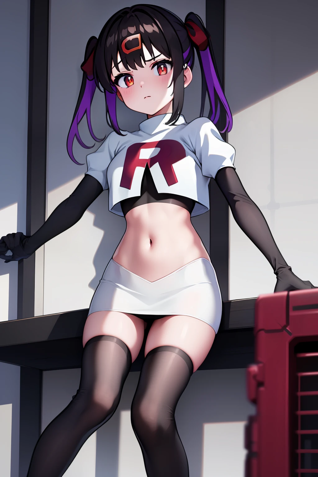 mihari_olis, 1girl, solo, red shirt, team rocket,team rocket uniform,white skirt,crop top,black thigh-highs,black elbow gloves