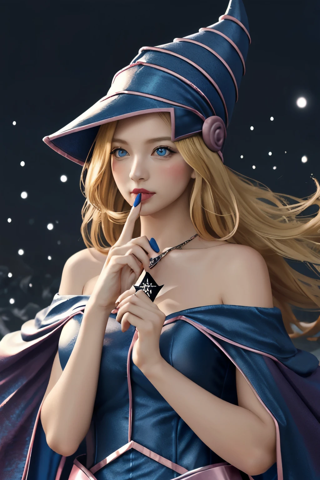 ((dark magician girl)) long blonde hair, blue eyes,blush stickers, nail polish, wizard hat, ((yu-gi-oh! style)), Bare shoulders,(long distance ) Upper body standing,The magical wizarding race, duel monster,((big hexagram magic circle)),ultra realistic, 8k uhd, high quality