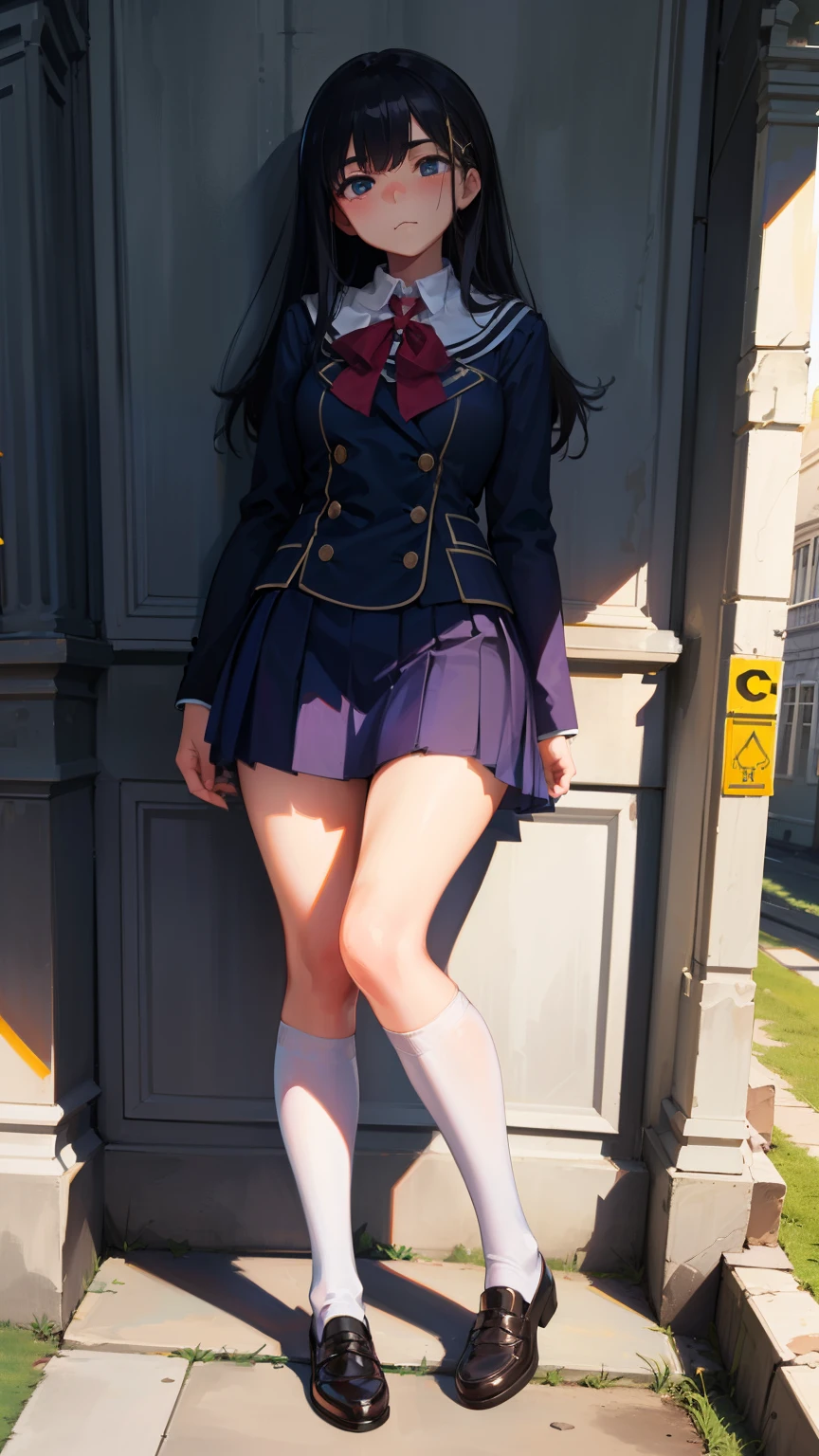 highest quality, full body portrait, delicate face, cute face, female, slim body shape, small bust, high school uniform,double skirt suit, white knee high stockings, outdoor scene,soft light on the face,(((((classical school building)))))