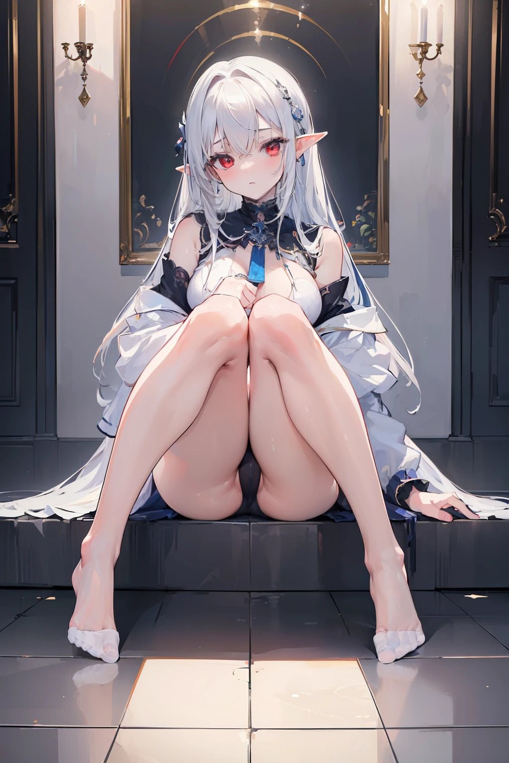 (((masterpiece, best quality, ultra detail 8K, aesthetic thighs:1.2))), 1girl, solo, sitting, knees up, ((pussy)), hollow of the knee, long legs, knees together feet apart, elf. white hair, red eyes, bare legs, sexy thighs