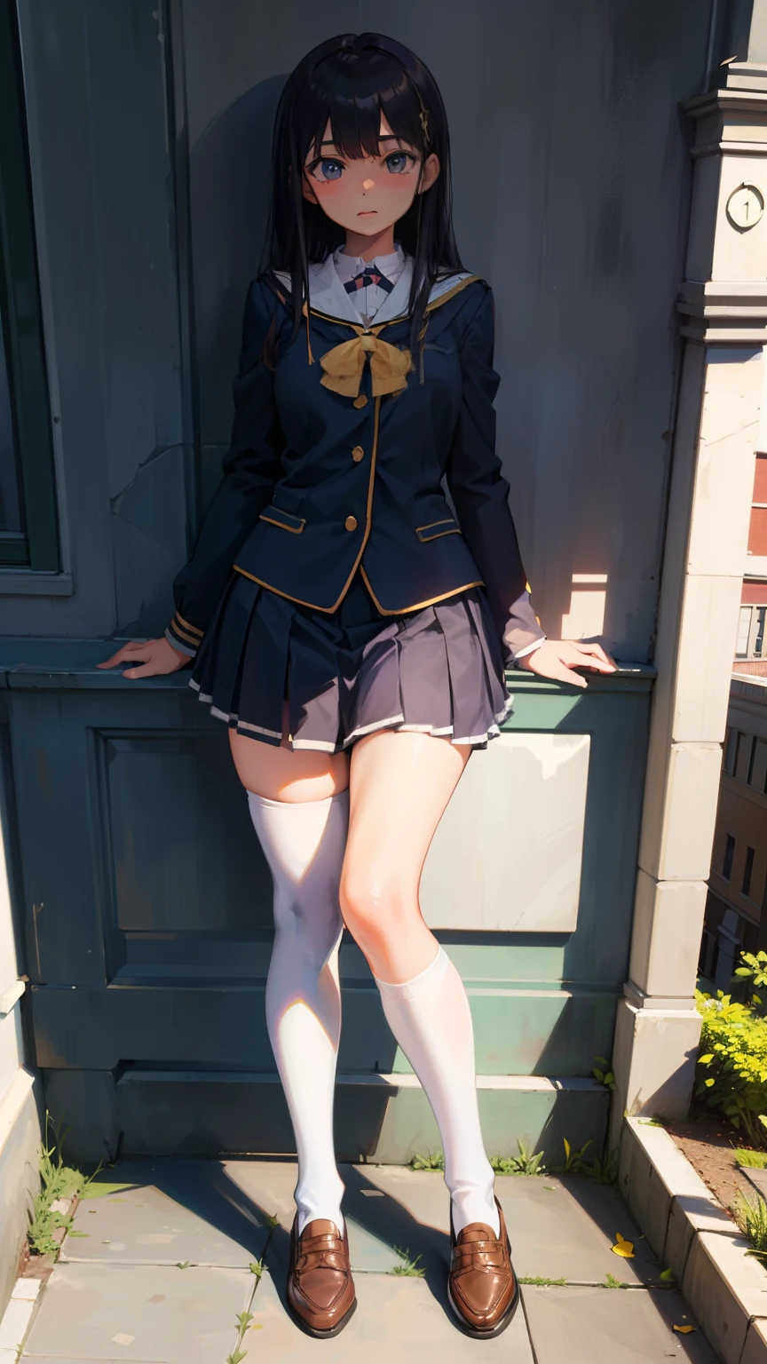 highest quality, full body portrait, delicate face, cute face, 17 year old female, slim body shape, small bust, high school uniform,double skirt suit, white knee high stockings, outdoor scene,soft light on the face,(((((classical school building)))))