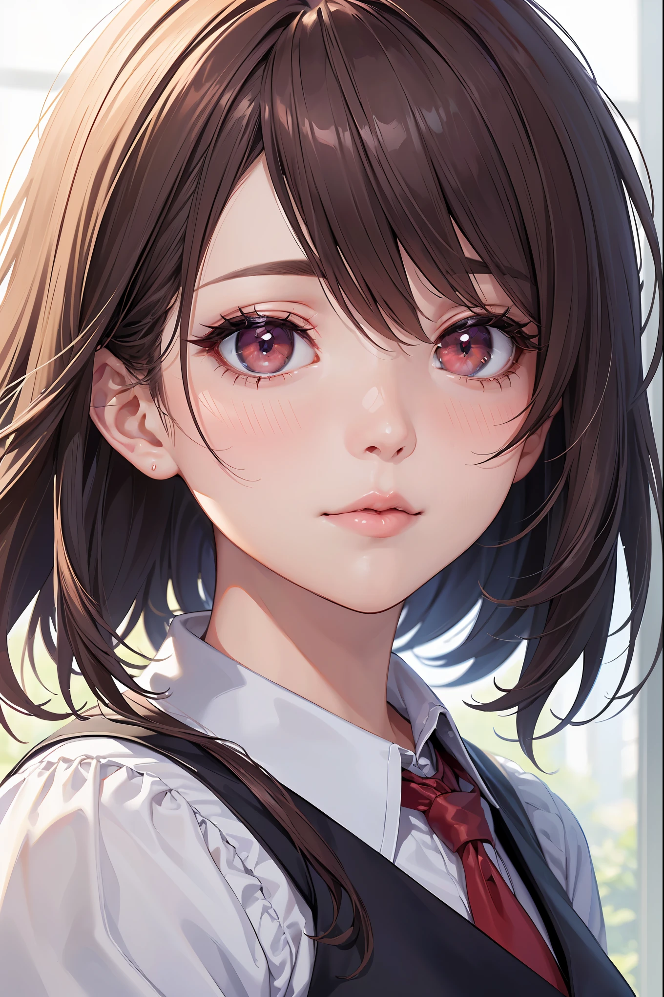 ((Masterpiece, Top Quality, High Resolution, UHD, Perfect Pixel, Depth of Field, 8k, RTX, HDR)), 1 Girl, Single, Solo, Beautiful Anime Girl, Beautiful Art Style, Last Boss Anime Character, ((One Length Bob Cut Braids, Forelock, Blonde Hair,: 0.5)), (( Red Crimson Eyes: 1.4, Round Eyes, Beautiful Eyelashes, Realistic Eyes)), ((Detailed Face, Blush: 1.2)), ((Smooth Texture: 0.75, Realistic Texture: 0.65, Photorealistic: 1.1, Anime CG Style)), Dynamic Angle, Perfect Body, ((Portrait , Hamedori))), ((cute and stylishly designed rast boss in school uniform, gorgeous cape of rast boss,)), sneering, mocking, little, small rast boss, cute, crazy cute rast boss