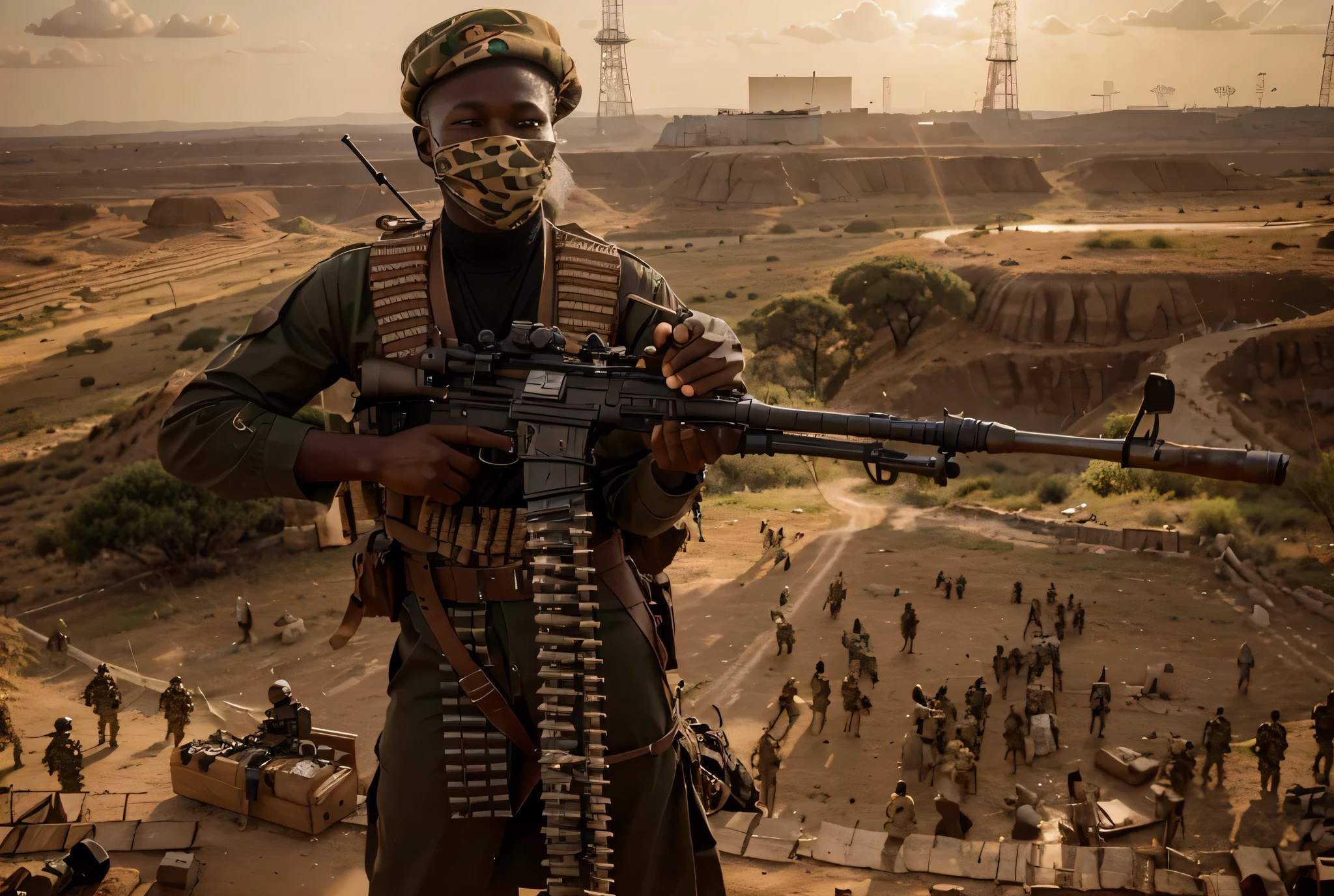 Soldado africano, He wears a black mountain cap that covers his entire face., cara cubierta por un hijab, Soviet-style beige military uniform, ammunition belts, cinturones de bala, lleva una ametralladora grande, Minigun, he is in the african savanna, 4k, ultra detallado image, Realista, muy detallado, perfect composition, gorgeous, Intrincadamente detallado, incredibly detailed, 8 k artistic photography, hiper detallado, obra maestra, ultra detallado, hyper Realista, 4k, ultra detallado image, Realista, muy detallado, perfect composition , hermoso, Intrincadamente detallado, incredibly detailed, 8K fine art photography, hiper detallado, obra maestra