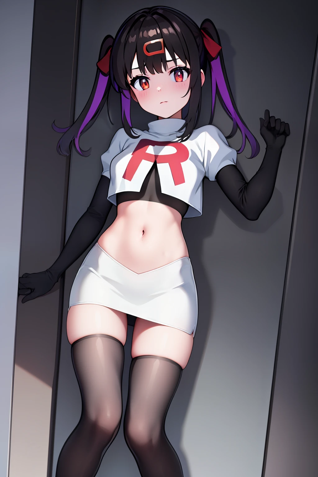 mihari_olis, 1girl, solo, red shirt, team rocket,team rocket uniform,white skirt,crop top,black thigh-highs,black elbow gloves