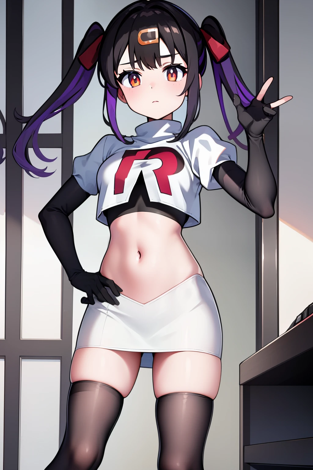 mihari_olis, 1girl, solo, red shirt, team rocket,team rocket uniform,white skirt,crop top,black thigh-highs,black elbow gloves