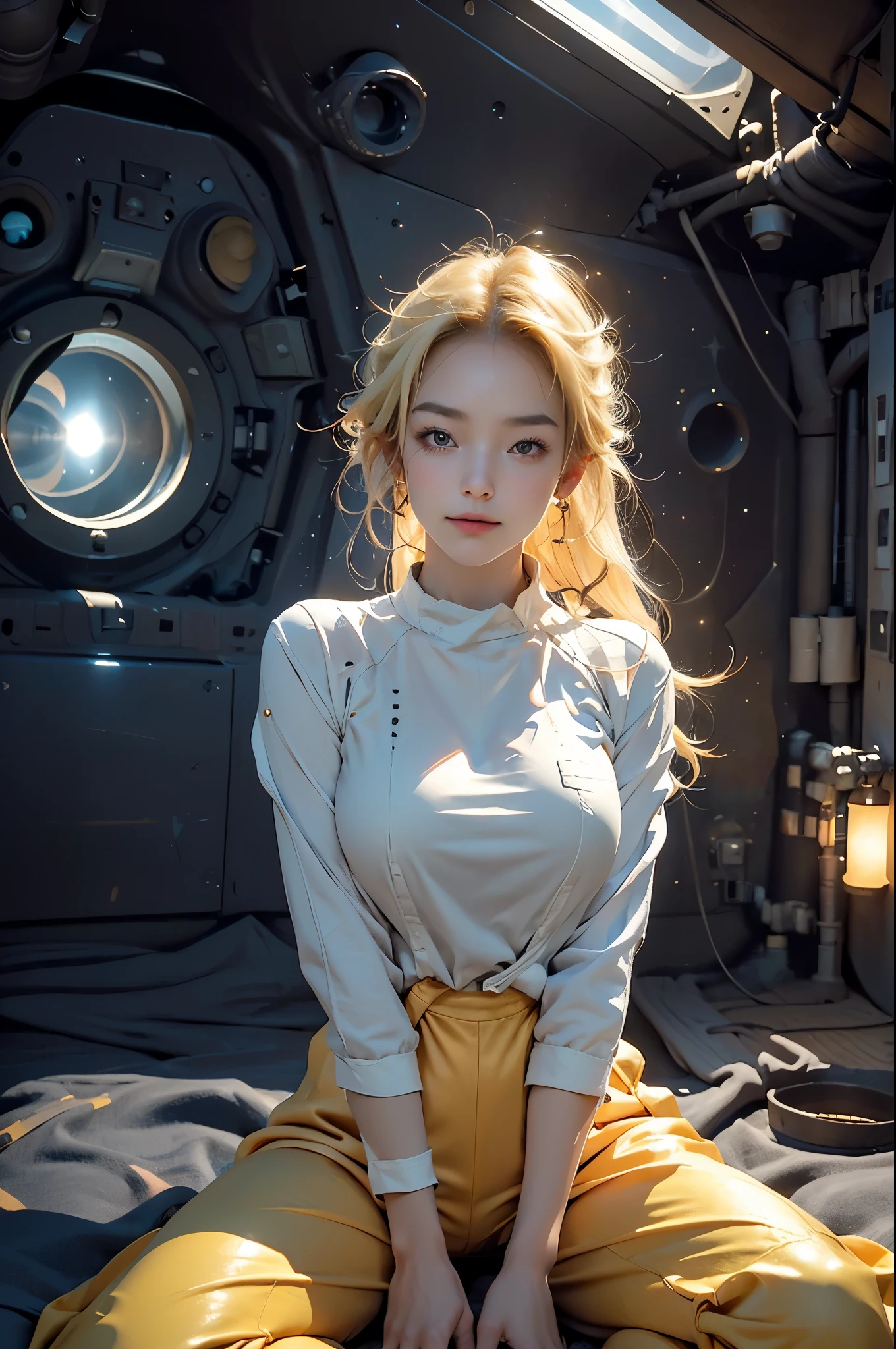 (masterpiece, best quality:1.2), , alone, 1 girl, Yuki Mori, faint smile, Keep your mouth shut, from the side, Turn around and look at the audience, blonde hair, thigh gap, jumpsuit, gold, skin-tight, Perfect body, large windows, (Starship portholes:1.3), side view, (Spread your legs slightly), (permanent:1.1), beautiful thighs, perfect hands, bright starship interior, (Outer space landscape:1.1), (Track view:1.3), (night, old sky:1.5), Milky Way,(huge breasts:1.2),wet skin（（rogue））Cool atmosphere，