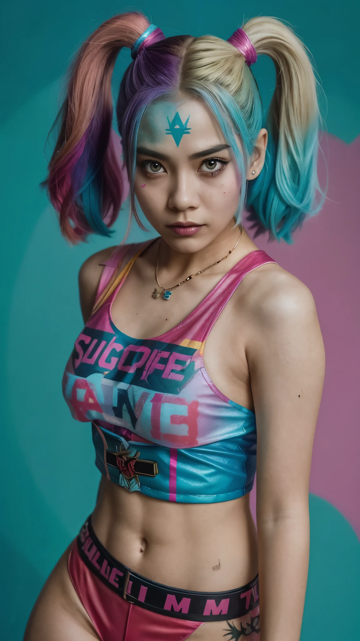 Vogue style photo shoot of malay teenage girl as character harley quinn from the movie suicide squad with pastel colored background in Wes Anderson style, hyper - realistic photography, Wes Anderson style, full body, 8k, close - up shot, extreme close - up photo