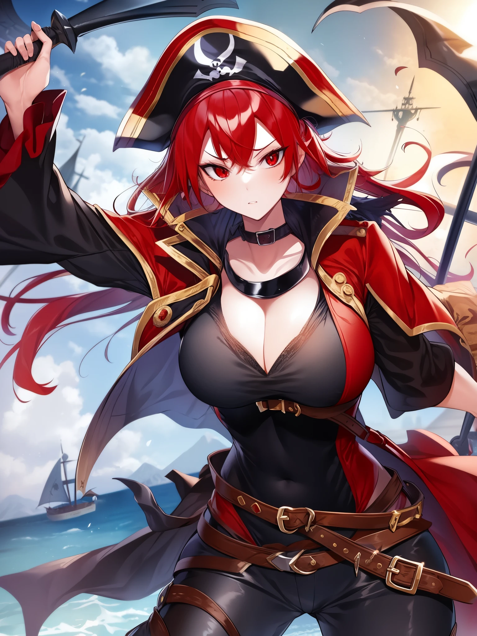 1 girl, redhead, red eyes, pirate , pirate outfit, pirate hat