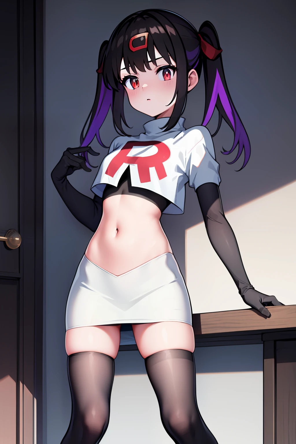 mihari_olis, 1girl, solo, red shirt, team rocket,team rocket uniform,white skirt,crop top,black thigh-highs,black elbow gloves