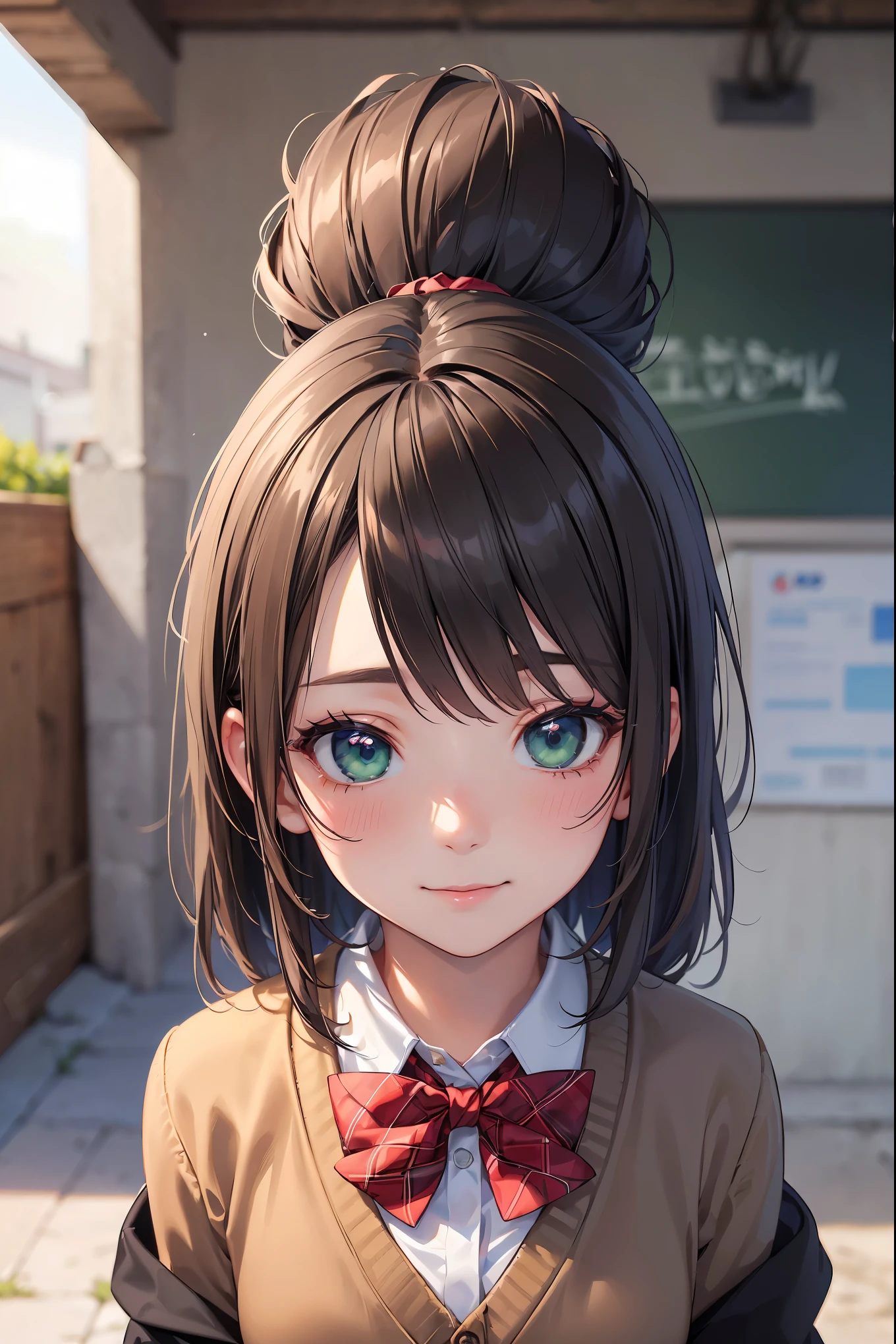 ((masterpiece, best quality, highres, UHD, perfect pixel, depth of field, 4k, RTX, HDR))), 1girl, single, solo, beautiful anime girl, beautiful artstyle, anime character, ((long hair, bangs, brown hair, curly hair:0.5)), ((green eyes:1.4, rounded eyes, beautiful eyelashes, realistic eyes)), ((detailed face, blushing:1.2)), ((smooth texture:0.75, realistic texture:0.65, photorealistic:1.1, anime CG style)), medium breasts, dynamic angle, perfect body, ((portrait, pov)), ((red bowtie, school uniform, black jacket, open jacket, brown cardigan, white shirt, black skirt, plaid skirt)), smile, hands up, amusement park