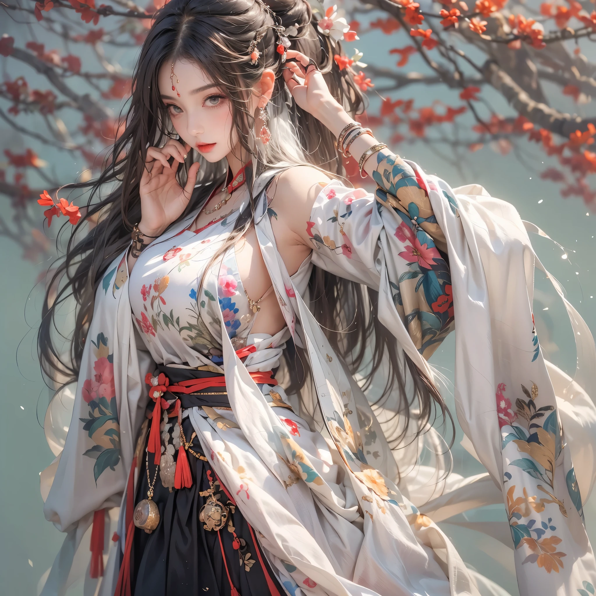 lifelike, high resolution, 1 female, Buttocks up, beautiful eyes, long hair, eye socket, jewelry, tattoo, V-neck, huge breasts, Upper body, hanfu, Chinese fairy, Taoist clothing
