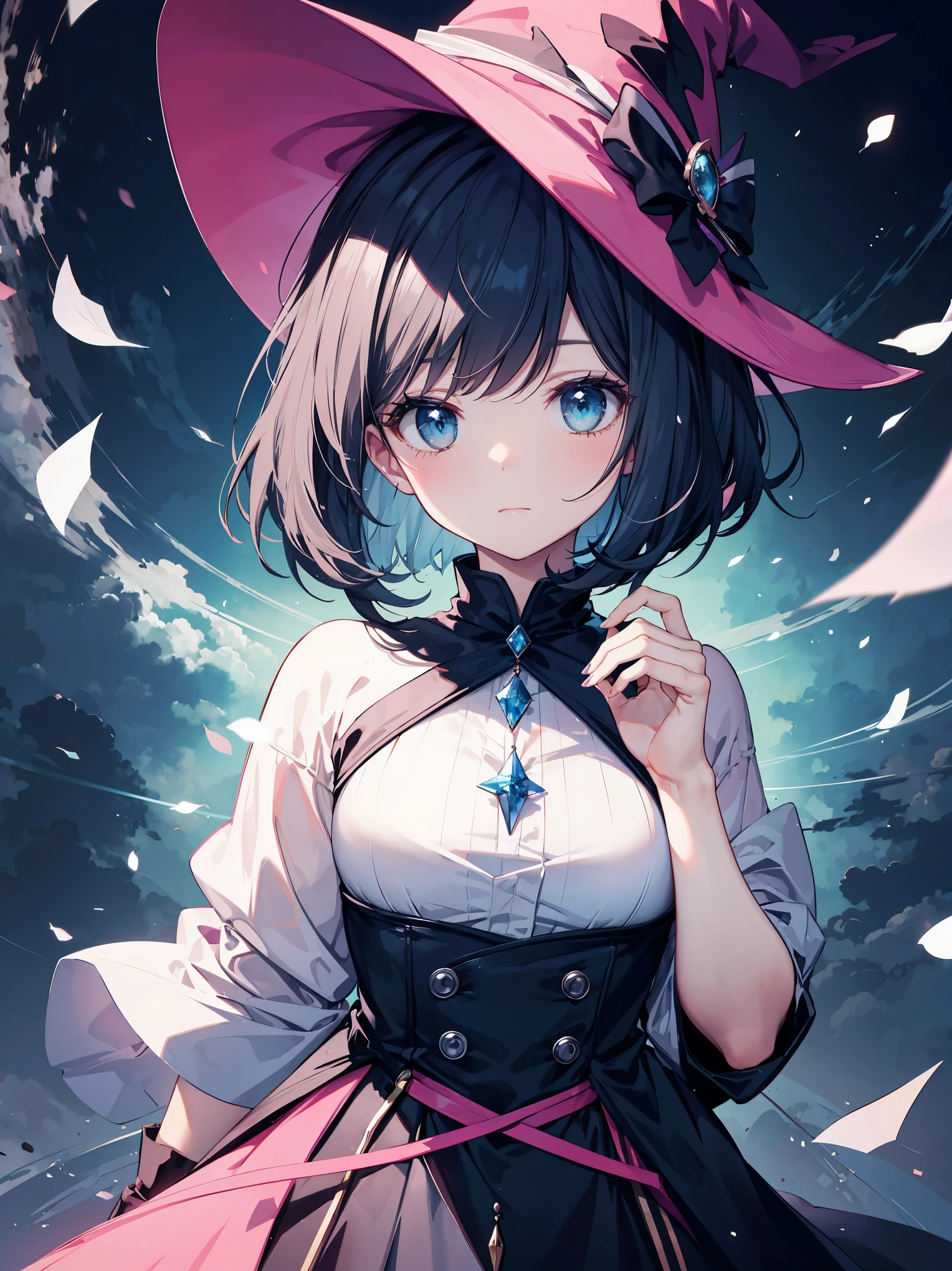One length bob cut braided black hair,light pink magician hat,dark blue witch,Cute and pretty girl
