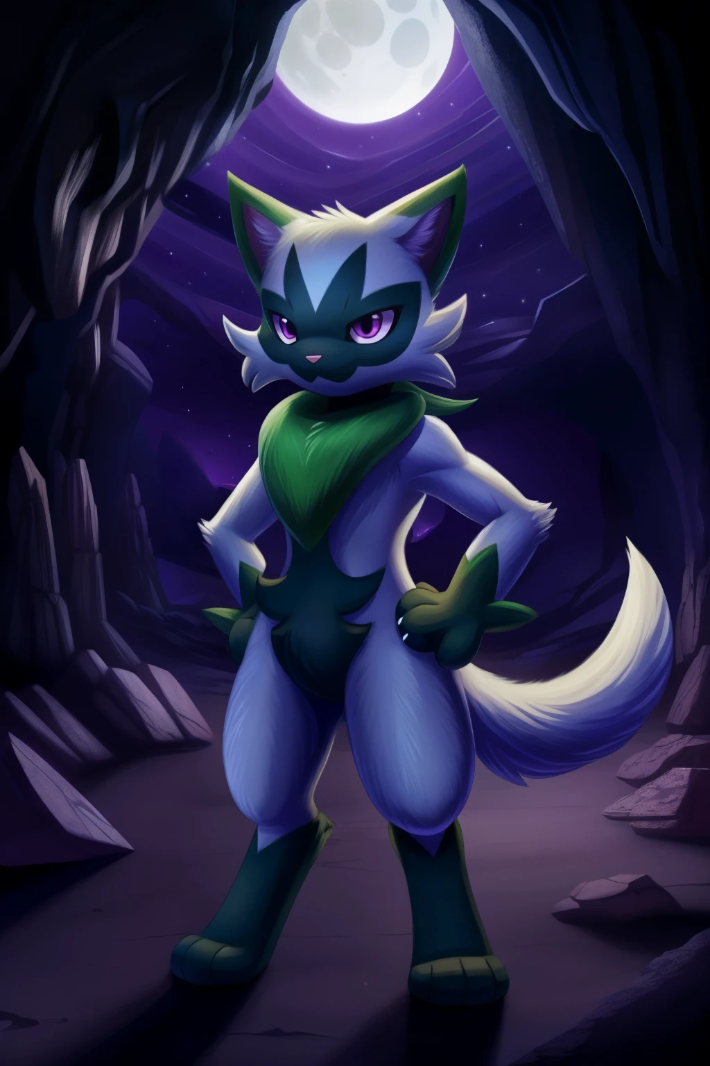 Floragato, furry pokemon, cat, feet, Only, (Body fur:1.2), (Best quality), (Detailed fluffy fur:1.1), Animal hands, tail, purple eyes, shiny, female, solo, bottom of a cave, night, darkness, hands on hips, ironic expression, narrowed eyes