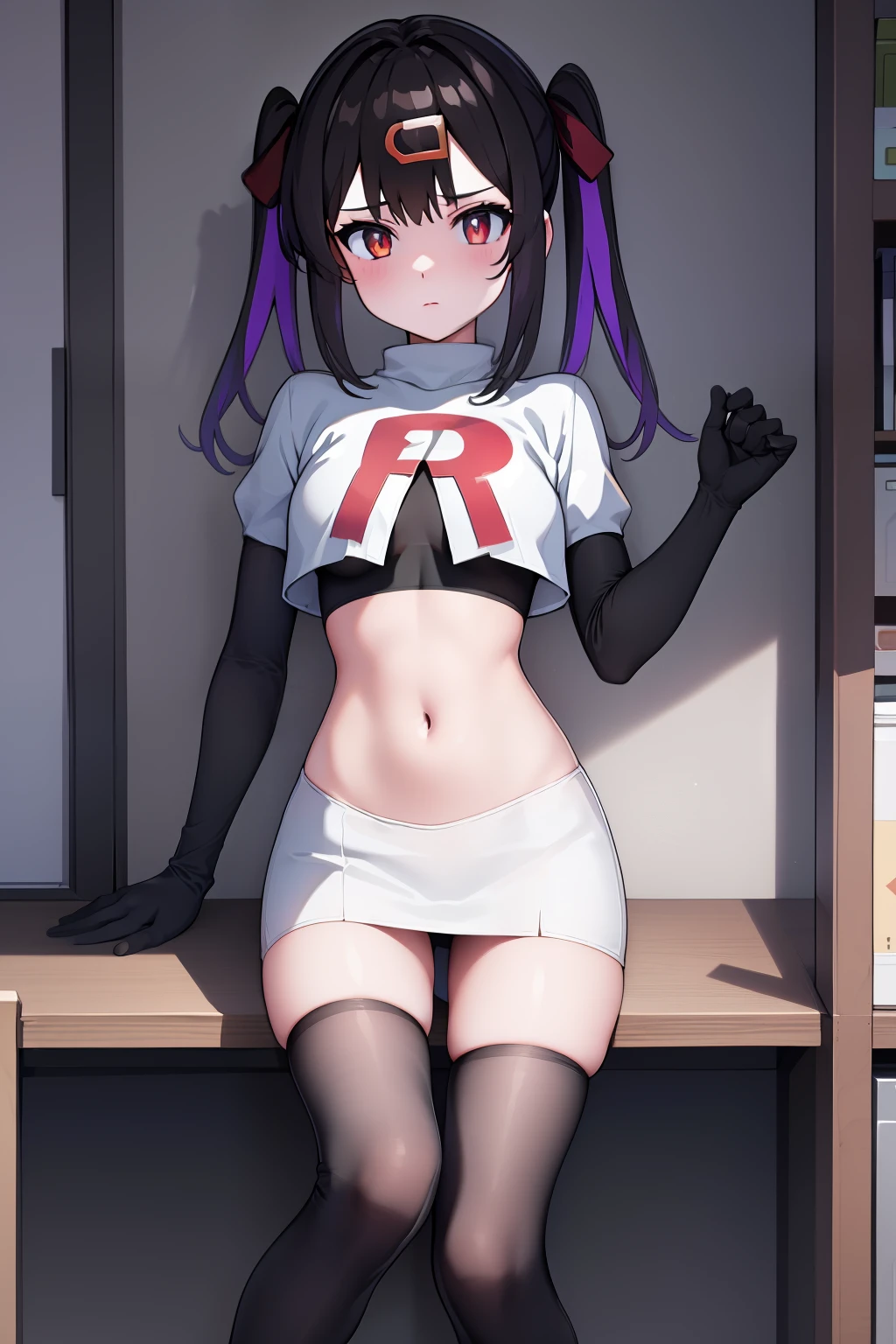 mihari_olis, 1girl, solo, red shirt, team rocket,team rocket uniform,white skirt,crop top,black thigh-highs,black elbow gloves