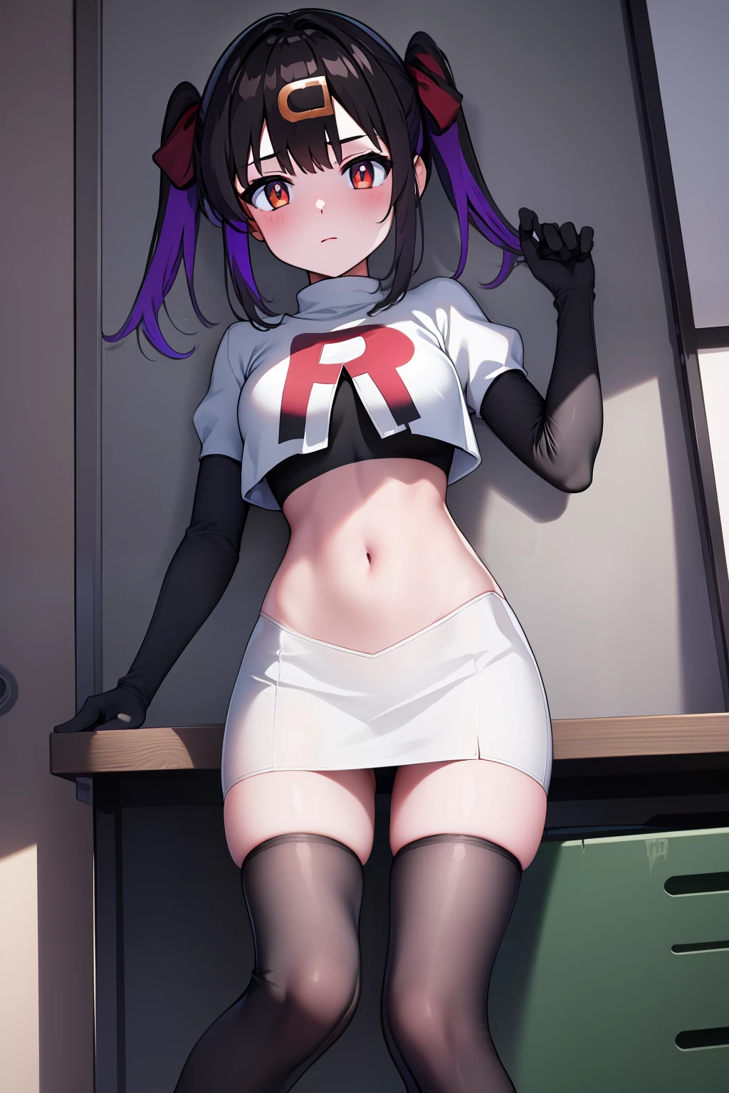 mihari_olis, 1girl, solo, red shirt, team rocket,team rocket uniform,white skirt,crop top,black thigh-highs,black elbow gloves
