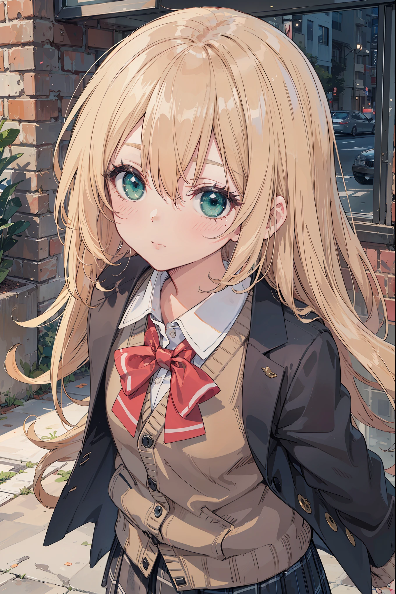((Masterpiece, Top Quality, High Resolution, UHD, Perfect Pixel, Depth of Field, 8k, RTX, HDR)), 1 Girl, Single, Solo, Beautiful Anime Girl, Beautiful Art Style, Last Boss Anime Character, ((Long Hair, Bangs, Brown Hair, Curly Hair: 0.5)), ((Green Eyes: 1.4, Round eyes, Beautiful eyelashes, Realistic eyes))), ((Detailed face, Blush: 1.2))), ((Smooth texture: 0.75, Realistic texture: 0.65, Photorealistic: 1.1, Anime CG style)), Dynamic angles, Perfect body, ((Portrait, Hamedori)), ((Red Bow Tie, School Uniform, Black Jacket, Open Jacket, Brown Cardigan, White Shirt, Black Skirt, Plaid Skirt))), Ridicule, Mocking, Tiny, Small Last Boss, Cute, Crazy Cute Last Boss