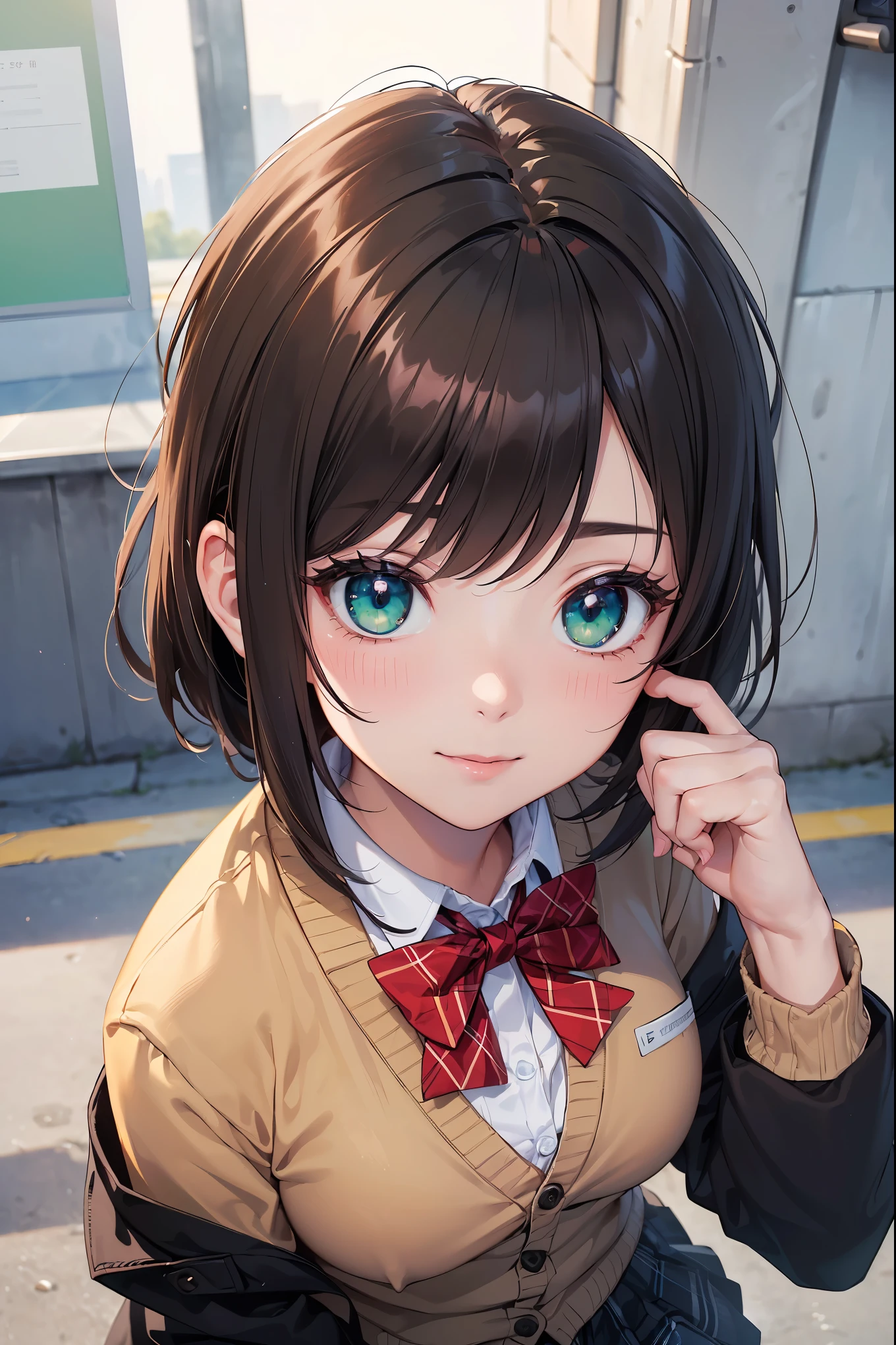((masterpiece, best quality, highres, UHD, perfect pixel, depth of field, 4k, RTX, HDR))), 1girl, single, solo, beautiful anime girl, beautiful artstyle, anime character, ((long hair, bangs, brown hair, curly hair:0.5)), ((green eyes:1.4, rounded eyes, beautiful eyelashes, realistic eyes)), ((detailed face, blushing:1.2)), ((smooth texture:0.75, realistic texture:0.65, photorealistic:1.1, anime CG style)), medium breasts, dynamic angle, perfect body, ((portrait, pov)), ((red bowtie, school uniform, black jacket, open jacket, brown cardigan, white shirt, black skirt, plaid skirt)), smile, hands up, amusement park