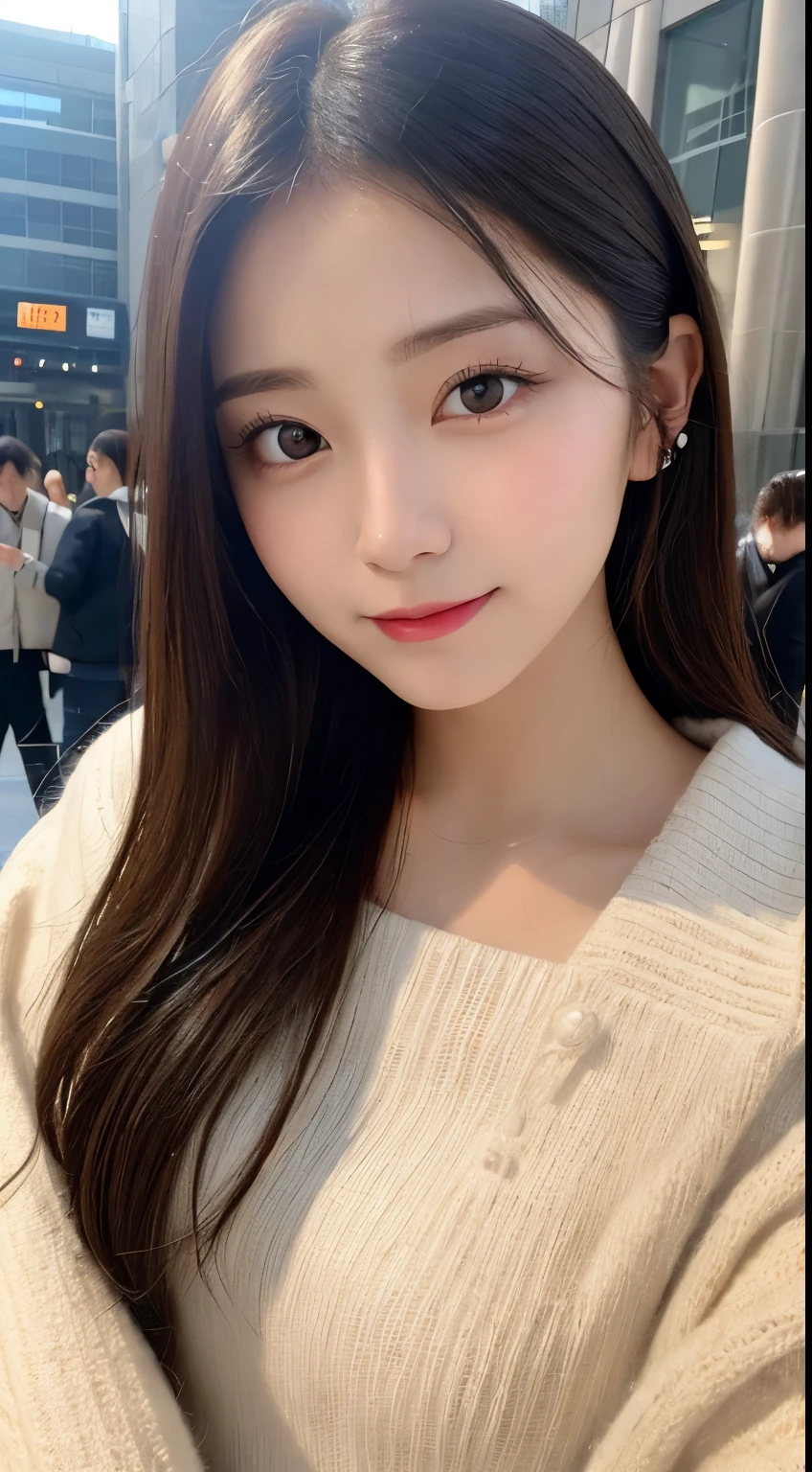 table top, highest quality, shape, Super detailed, finely, High resolution, 8k wallpaper, 完璧なダイナミックな構shape, beautiful and detailed eyes, Tokyo trend knit dress, small breasts, natural color lip,cute smile,20 year old girl、beautiful and detailed face、perfect and beautiful face,Big eyes、beautiful detailed face、perfect and beautiful double eyelids、blur the background、perfect and beautiful face、Feminine poses、Blur background、slim face and style、blur background、straight hair、Tokyo Station、Wear a luxurious mink coat