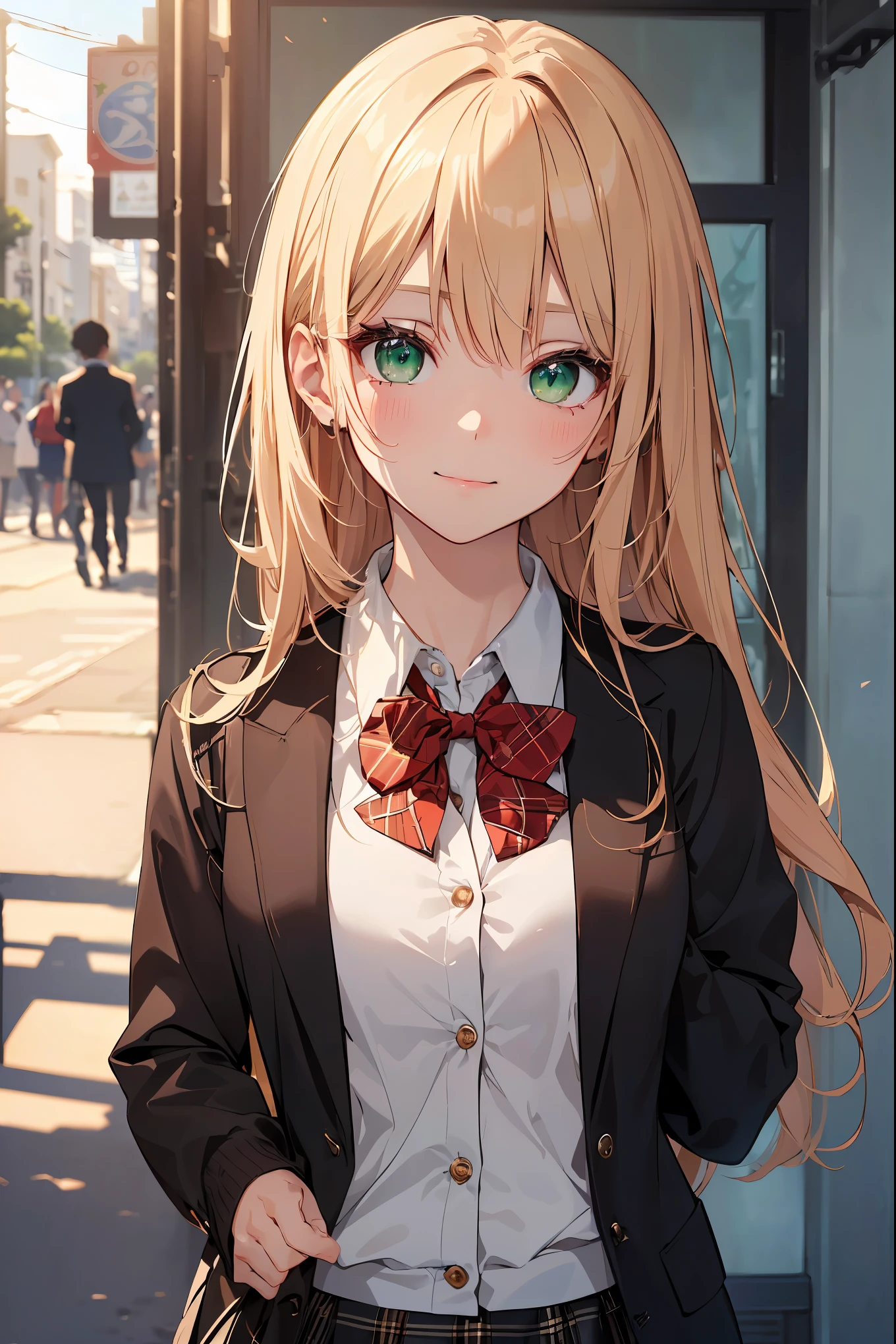 ((masterpiece, best quality, highres, UHD, perfect pixel, depth of field, 4k, RTX, HDR))), 1girl, single, solo, beautiful anime girl, beautiful artstyle, anime character, ((long hair, bangs, brown hair, curly hair:0.5)), ((green eyes:1.4, rounded eyes, beautiful eyelashes, realistic eyes)), ((detailed face, blushing:1.2)), ((smooth texture:0.75, realistic texture:0.65, photorealistic:1.1, anime CG style)), medium breasts, dynamic angle, perfect body, ((portrait, pov)), ((red bowtie, school uniform, black jacket, open jacket, brown cardigan, white shirt, black skirt, plaid skirt)), smile, hands up, amusement park