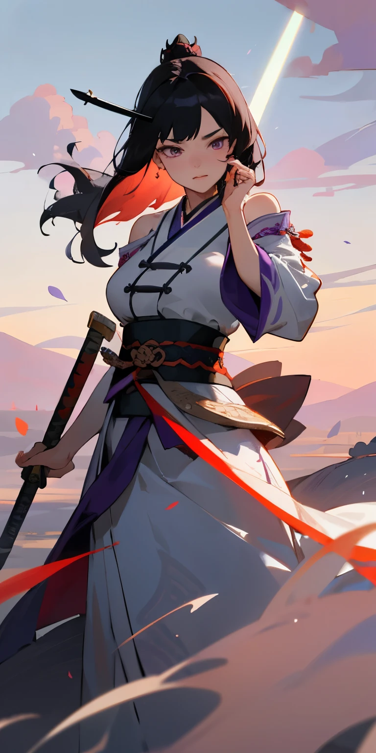 Hyper-realistic 4K ,Game of Kings glory Mulan,masterpiece,((Super detailed background,Exquisite pattern,intricate details)),black hair,Have bangs,Both hands hold short swords,purple eyes,Haori,There is a Chinese style dragon horn on the head,belt,Unruly eyes,purple flower,mostly cloudy Sky,Sunlight,Tyndall effect,slope_Sky,Face,beautiful Sky,Saber at the waist,charming pose,(big breasts:1.3),(split:1.3),(Off the shoulder dress:1.6)