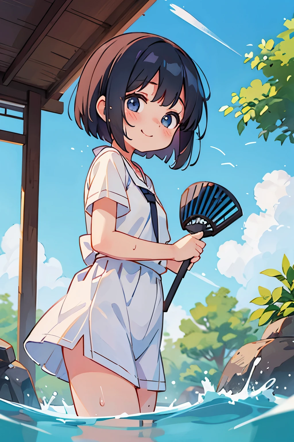 A girl cooling down in front of a fan、Sweat、smile、Hair is washed away by the wind、short bob