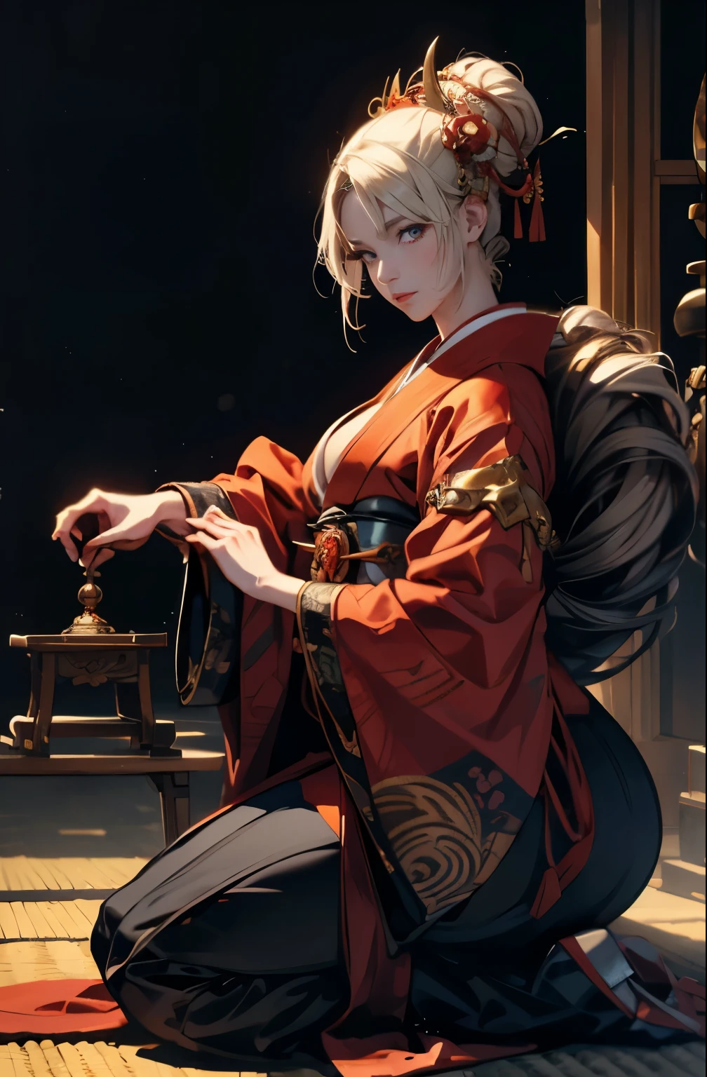 Beautiful demon pose, Are standing, Demon woman with a sword, powerful female samurai, gambling, platinum blonde demon, Beautiful red kimono, Oiran, highest ranking woman, Female Yakuza, Doji Ibaraki, Sake Drinker Doji, Inspired by Chen Yifei, Inspired by Francesco Hayez, Inspired by Hendrik Terbruggen, Jean=Works that influenced Auguste Dominique Ingres, Inspired by Liu Jun, Jean=Works that influenced Auguste Dominique Ingres, highest quality, perfect angle, perfect composition, best shot, official art, cinematic light, figurative art, Beautiful and expressive paintings, Beautiful artwork illustration, wonderful, cool beauty, clear, Mysterious, highest quality, official art, perfect composition,perfect angle, best shot, women only, sharp outline, pretty much beautiful face, demon of kyoto, Lord of Chimi-Mourou, A ruthless demon woman, demon queen, full body tattoo, wide, Rashomon, Close-up