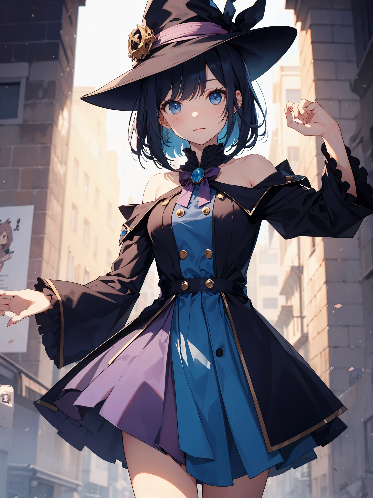 One length bob cut braided black hair，light pink magician hat，dark blue witch，Cute and pretty girl
