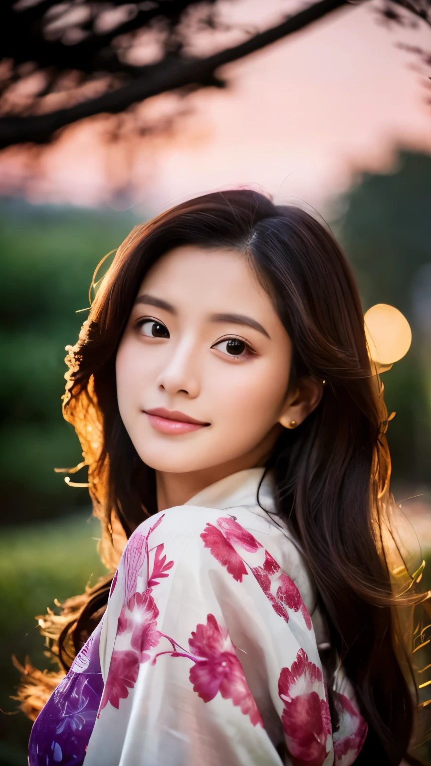 Beautiful Japanese supermodel woman, A lock of hair with slight highlights, black eyes, mixed media, Sexy,garden background,Gorgeous purple kimono , Liquid color flows across her face, sunset,Photographed by Wang Luodan