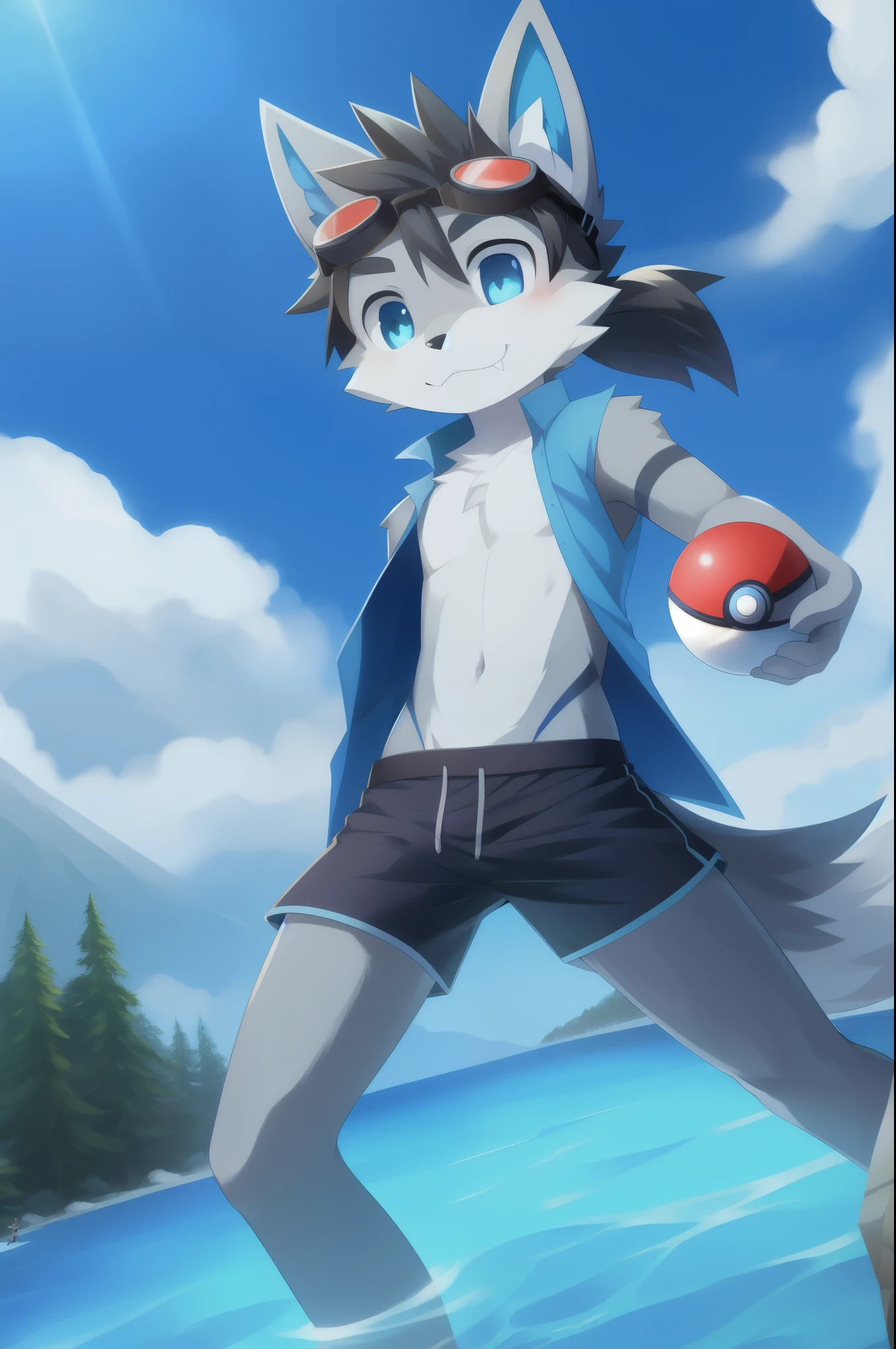 Furry shota, wolf, black hair, long spiky ponytail, blue eyes, detailed body fur, ((blue hawaiian shirt, open clothes, black swim trunks, goggles)), masterpiece, looking at you, fangs, clear grey body fur, detailed face, big eyebrows, detailed eyes, detailed body, detailed body fur, detailed hands, flat body, glistering body, shiny body, skinny, :3, (pokeball, holding a pokeball), snow forest, clear sky,