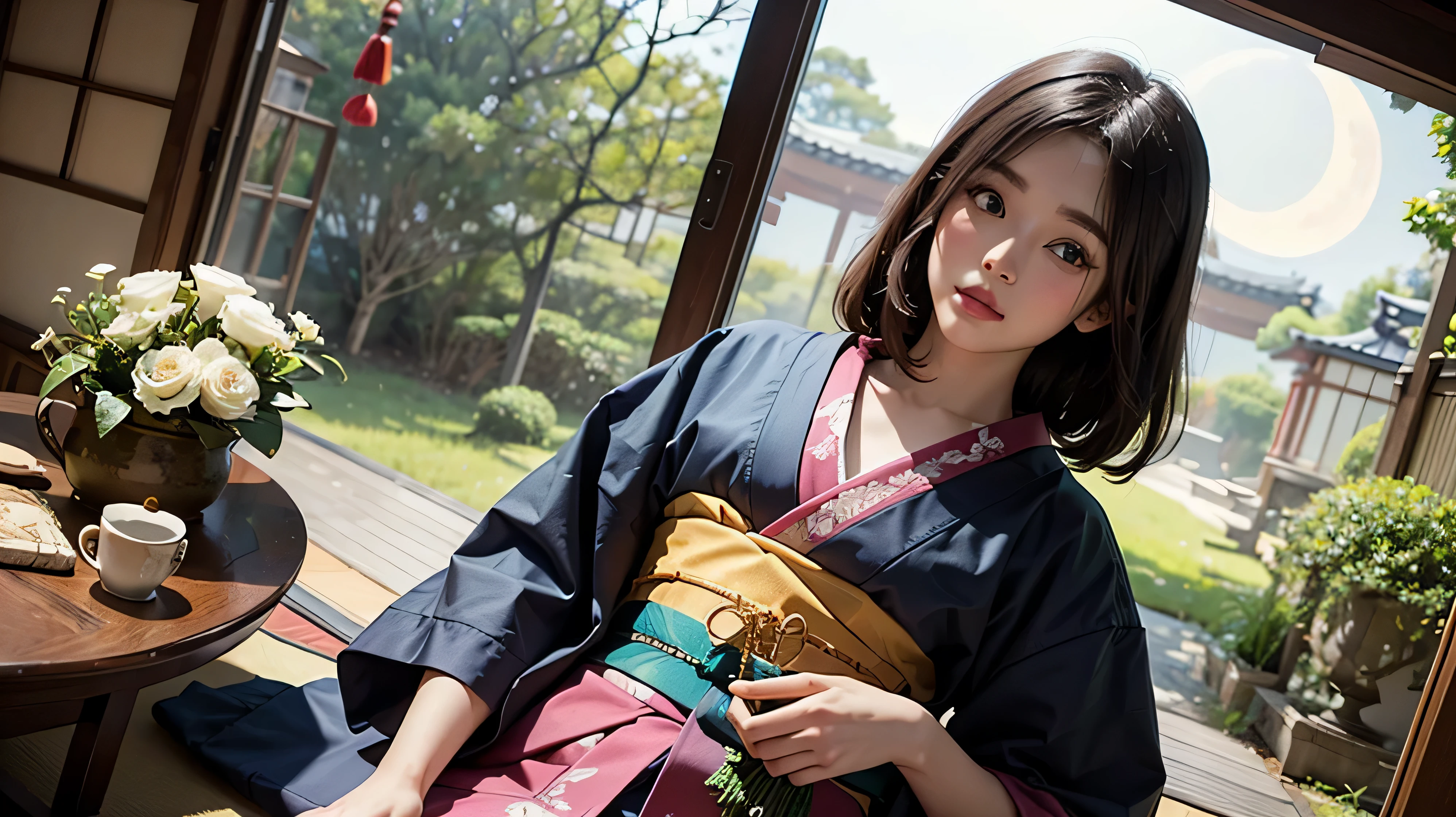 masterpiece,hyper quality, very detailed,perfect picture,alone、kimono美人、In general、kimono、black haired bitch、japanese hair、colorful japanese kimono、Nishijin textile、delicate and smart eyes、half-open lips、look sideways、elegant、nice、beautiful、blush(0.2)、dazzling、wonderful、nice、kind、sunlight、natural soft light、flowers, bird, Wind and Moon、traditional japanese room、accurate drawings、Detail view、Kana Hashimoto