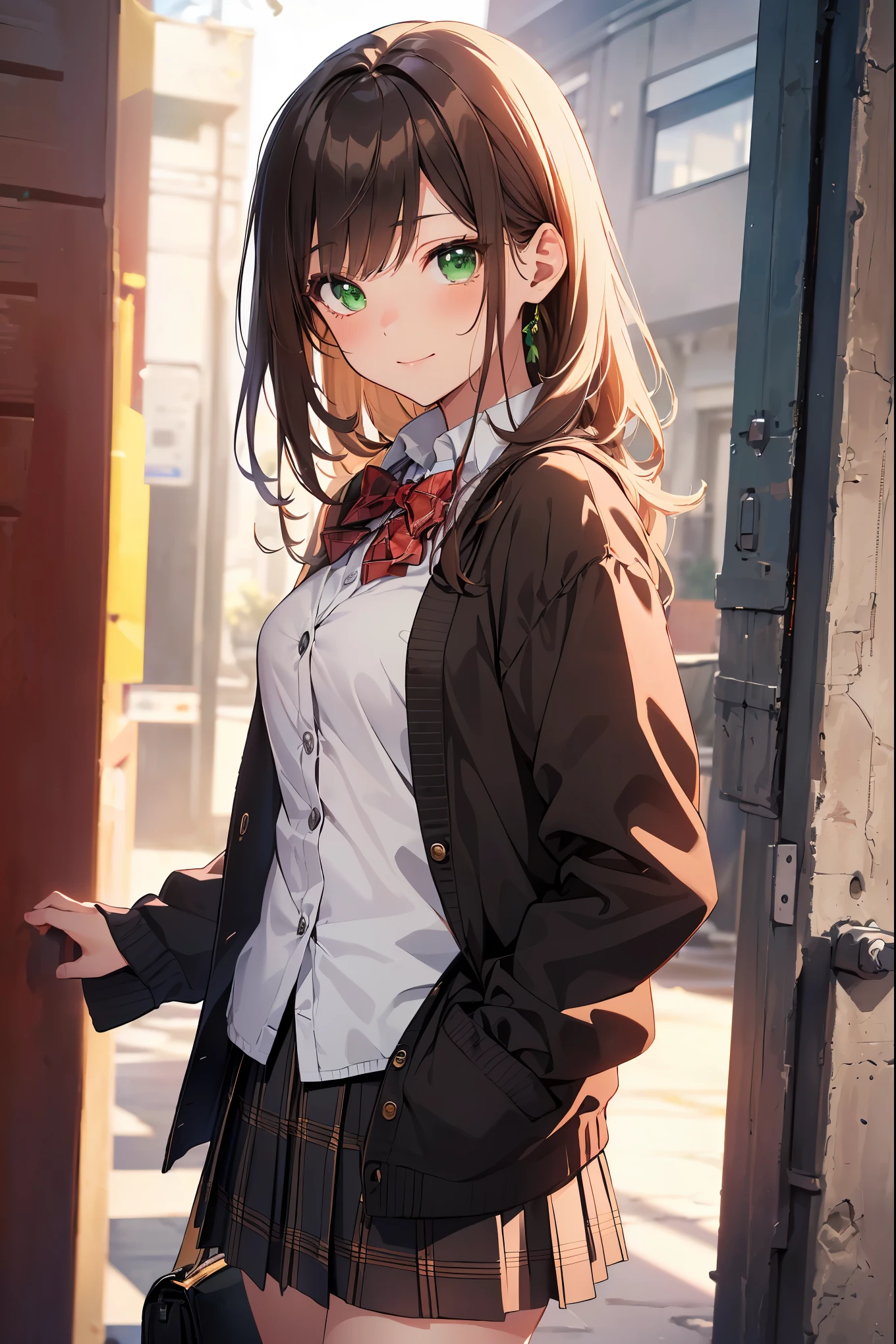 ((masterpiece, best quality, highres, UHD, perfect pixel, depth of field, 4k, RTX, HDR))), 1girl, single, solo, beautiful anime girl, beautiful artstyle, anime character, ((long hair, bangs, brown hair, curly hair:0.5)), ((green eyes:1.4, rounded eyes, beautiful eyelashes, realistic eyes)), ((detailed face, blushing:1.2)), ((smooth texture:0.75, realistic texture:0.65, photorealistic:1.1, anime CG style)), medium breasts, dynamic angle, perfect body, ((portrait, pov)), ((red bowtie, school uniform, black jacket, open jacket, brown cardigan, white shirt, black skirt, plaid skirt)), smile, hands up, amusement park