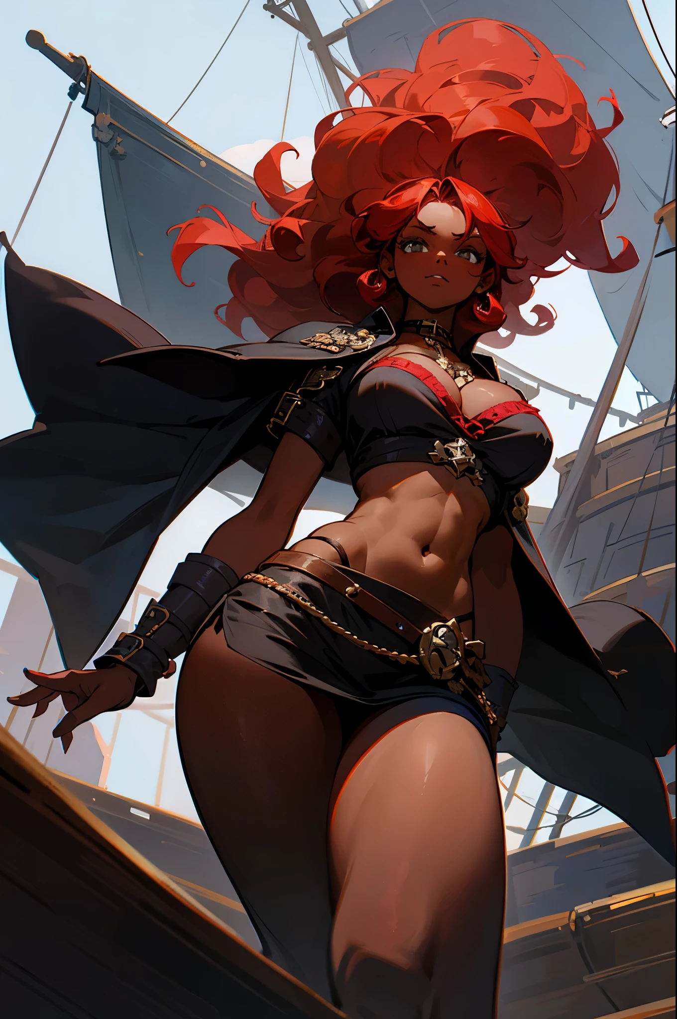 pirate girl, dark skin, redhead, curly hair, tiny micro-skirt, tight top, cleavage, big body proportions, view from below her, pirate ship