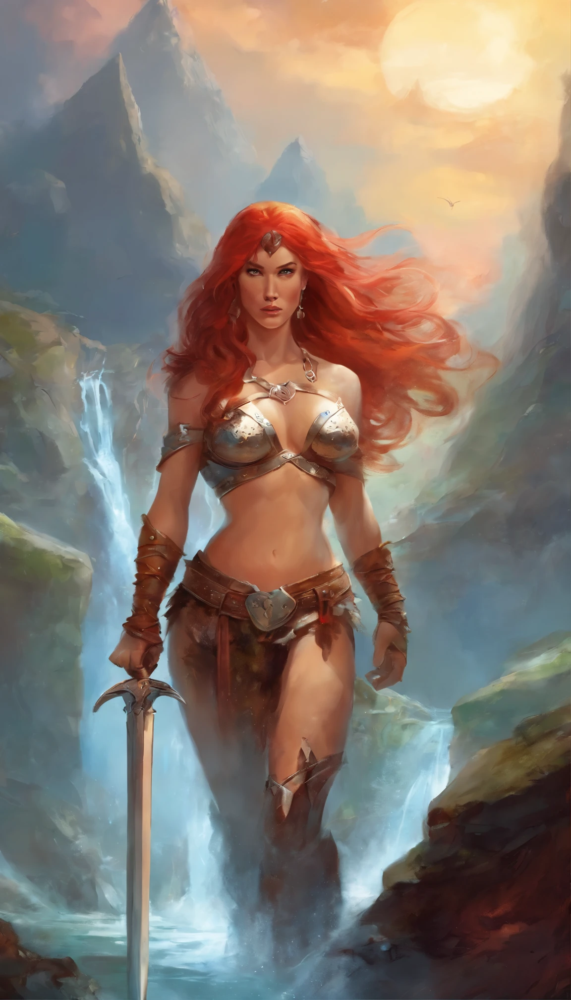 red sonja con su bikini de acero. vista de frente. plano cercano. pose epica.