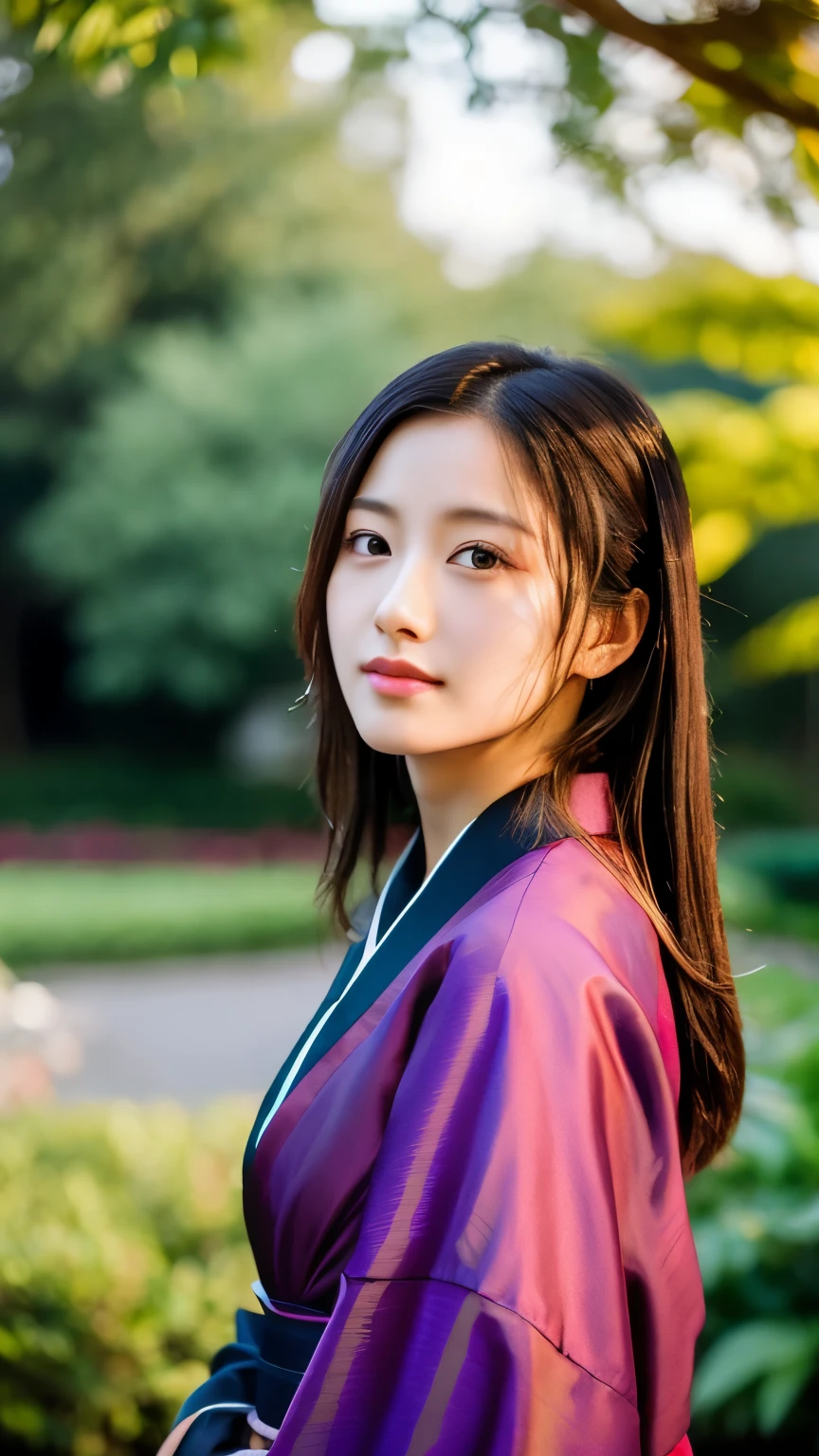 Beautiful Japanese supermodel woman, A lock of hair with slight highlights, black eyes, mixed media, Sexy,garden background,Gorgeous purple kimono , Liquid color flows across her face, sunset,Photographed by Wang Luodan