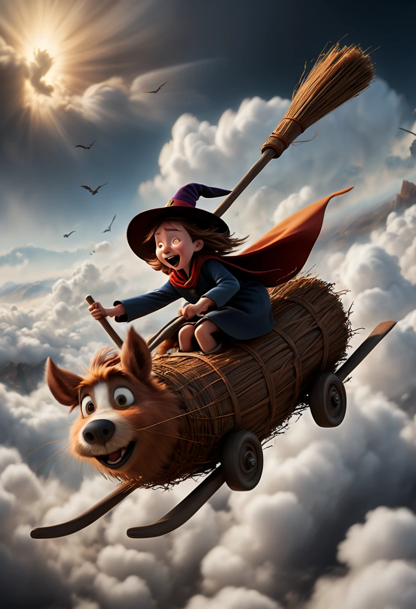 "Room on the Broom", Flying Broomstick, chasing Race, among the clouds, high altitude, (Motion Blur, best composition), (best quality, masterpiece, Representative work, official art, Professional, Ultra high detail, 8k:1.3)