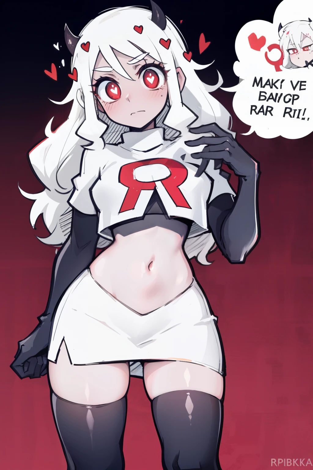 masterpiece, best quality,modeus with heart shapes and heart shaped pupils,red eyes, white hair,team rocket,team rocket uniform,white skirt,red letter R,crop top,black thigh-highs,black elbow gloves, comic strip