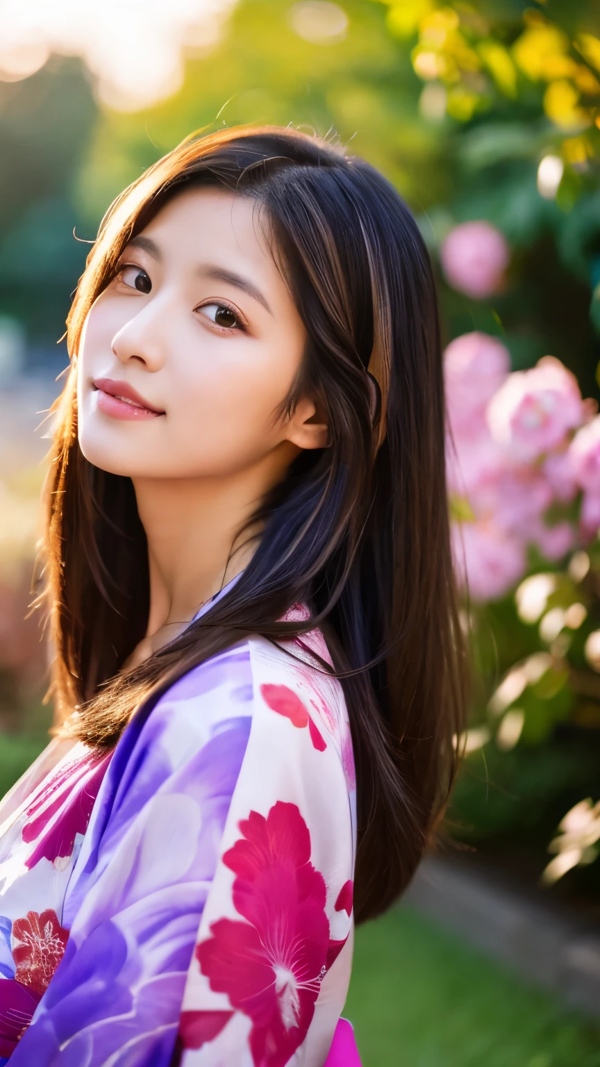 Beautiful Japanese supermodel woman, A lock of hair with slight highlights, black eyes, mixed media, Sexy，garden background，Gorgeous purple kimono , Liquid color flows across her face, sunset，Photographed by Wang Luodan