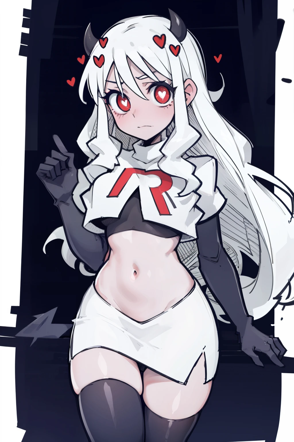 masterpiece, best quality,modeus with heart shapes and heart shaped pupils,red eyes, white hair,team rocket,team rocket uniform,white skirt,red letter R,crop top,black thigh-highs,black elbow gloves, comic strip