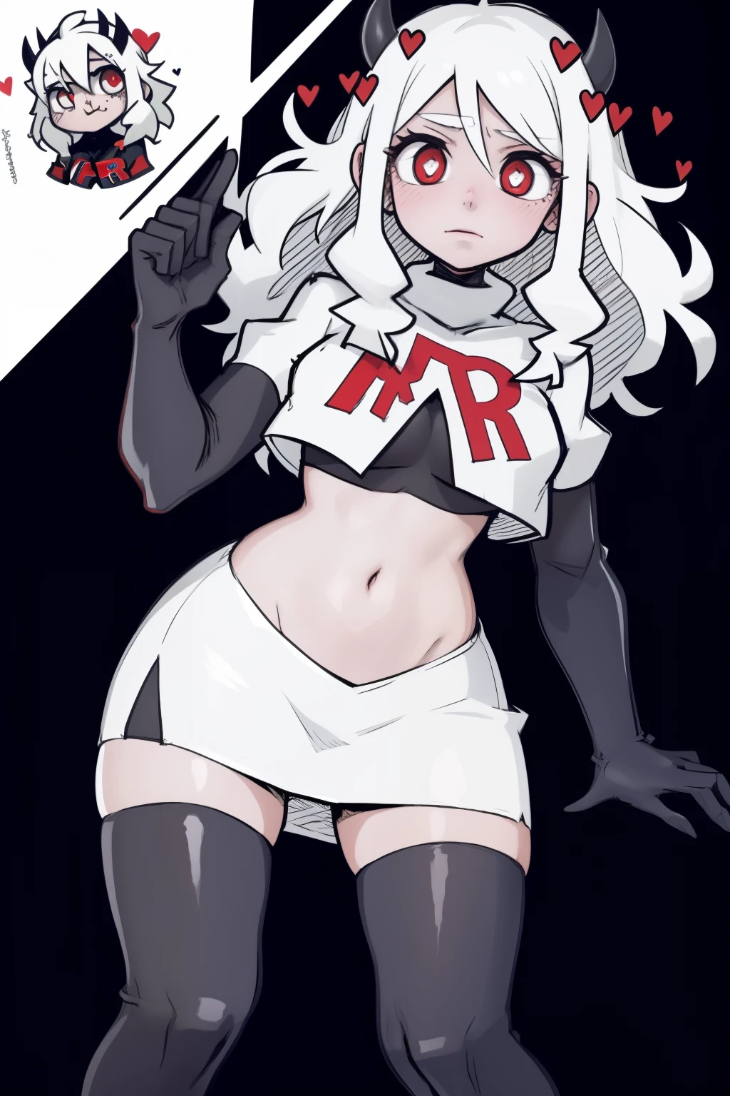 masterpiece, best quality,modeus with heart shapes and heart shaped pupils,red eyes, white hair,team rocket,team rocket uniform,white skirt,red letter R,crop top,black thigh-highs,black elbow gloves, comic strip