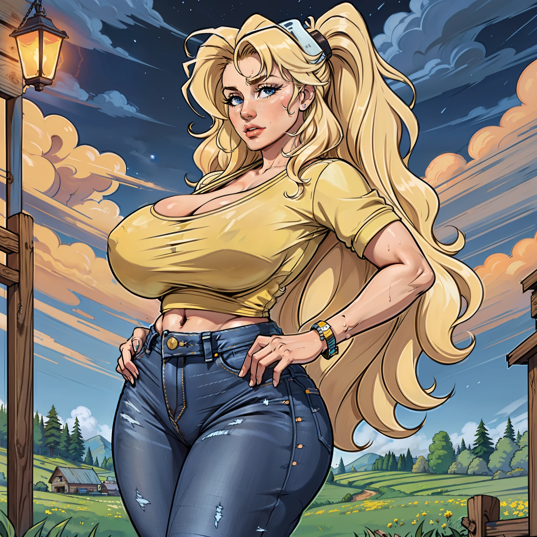 High resolution illustrations, unrivaled masterpiece, ultra-realistic 8k CG, perfect artwork, (fidelity: 1.5), farm, ranch, ((night)), cloudy, ((mature woman)), (((solo))), wet hair, blond hair, curly hair, single ponytail, blue eyes, huge tits, big ass, natural makeup, ((Casual wear, jeans)), character in the middle, standing, blonde hair, vibrant, multicolour