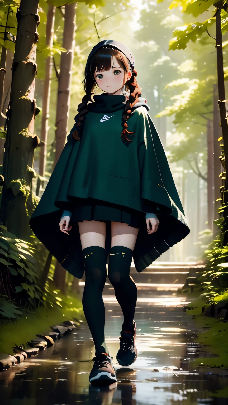 master piece、anatomy、one girl、２０talent、chestnut hair、french braid、((Dark green poncho:1.2))、(((black knee socks:1.2)))、red sneakers、nike sneakers、background is blurry、blurred background、dark forest、deep-forest、walk、highest quality、ultra high resolution、Super detailed、８ｋ、