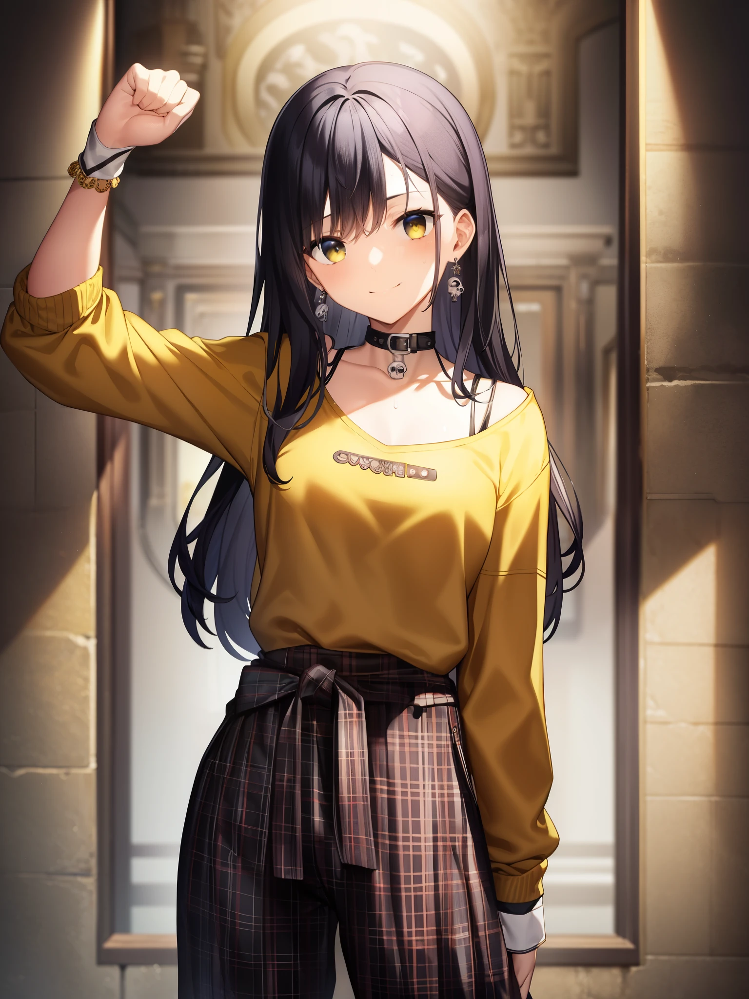 masterpiece、highest quality、lottie tops、hair band、skull earrings、checkered bandeau、yellow gloves、clothes tied around the waist、Sweat pants、cowboy shot、clenched fist、raised one arm、smile、look at viewer、the way