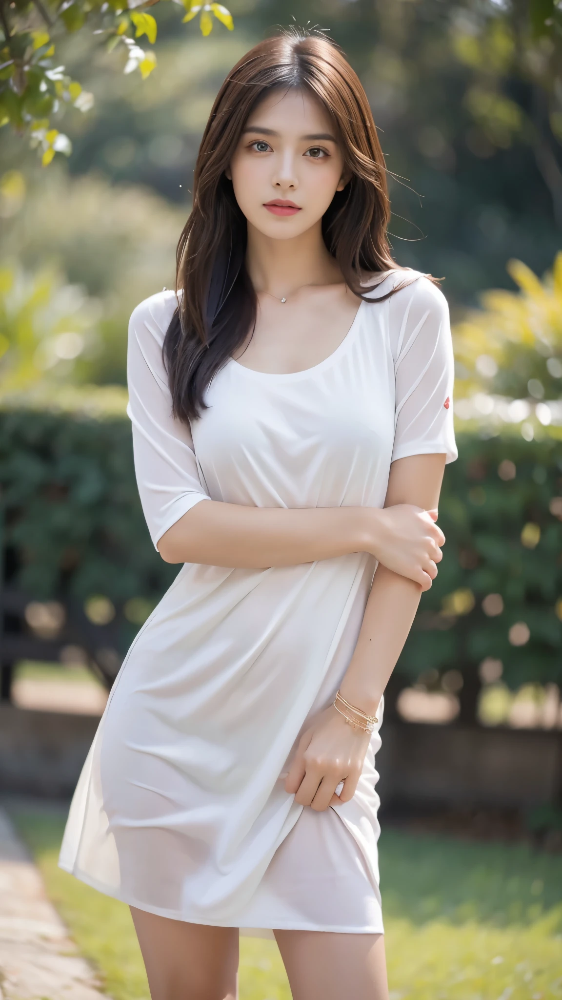 (real, High resolution:1.3), Mid-length hair, White T-shirt:1.2, jeans, Male body with female face、A dainty man dressed as a woman、Natural photography、Transsexual、ultra High quality、Cross-dressing men